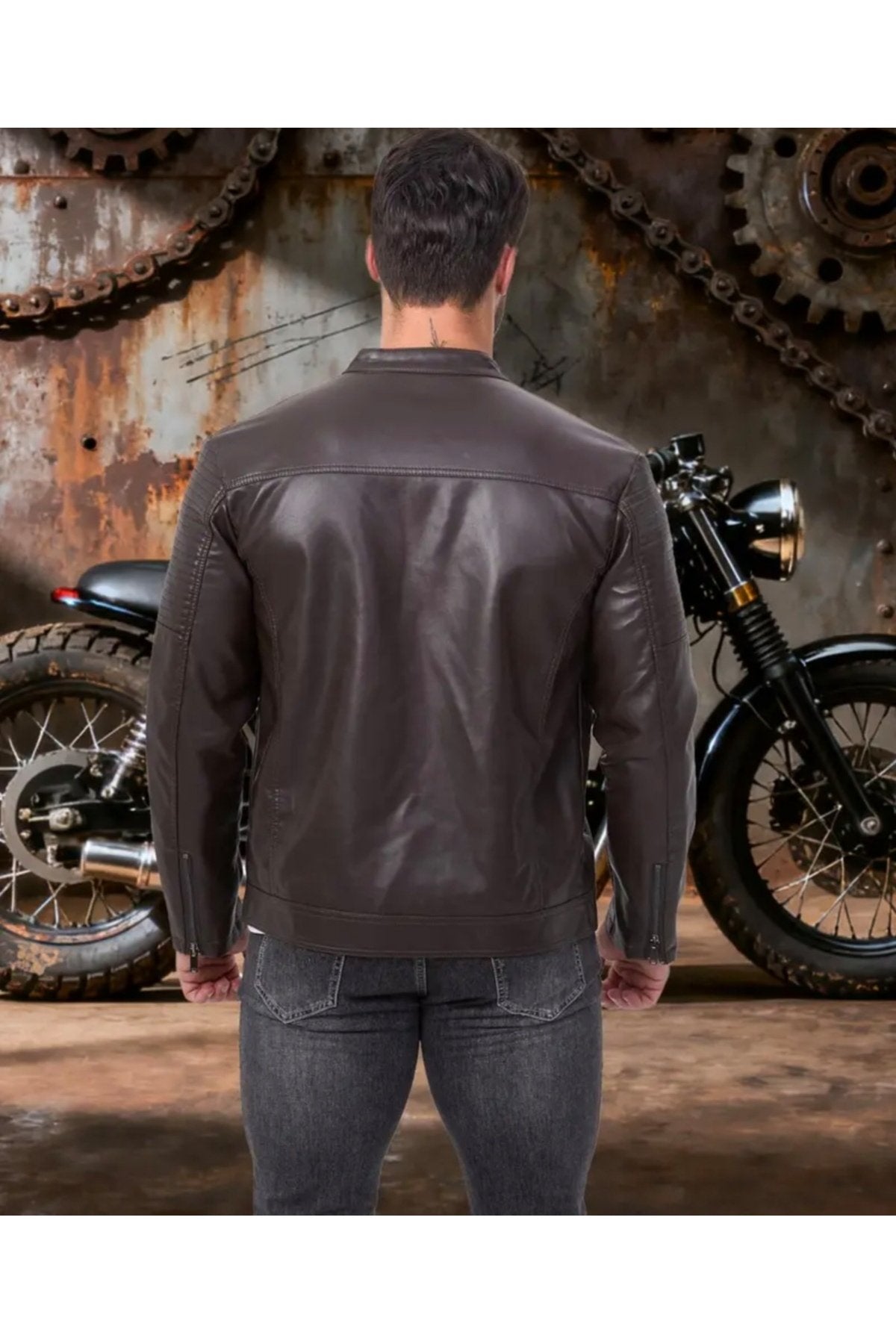 Omuzları ve Kolları Dikiş Detaylı Hakiki Kuzu Derisi Motorcu Mont Kahverengi