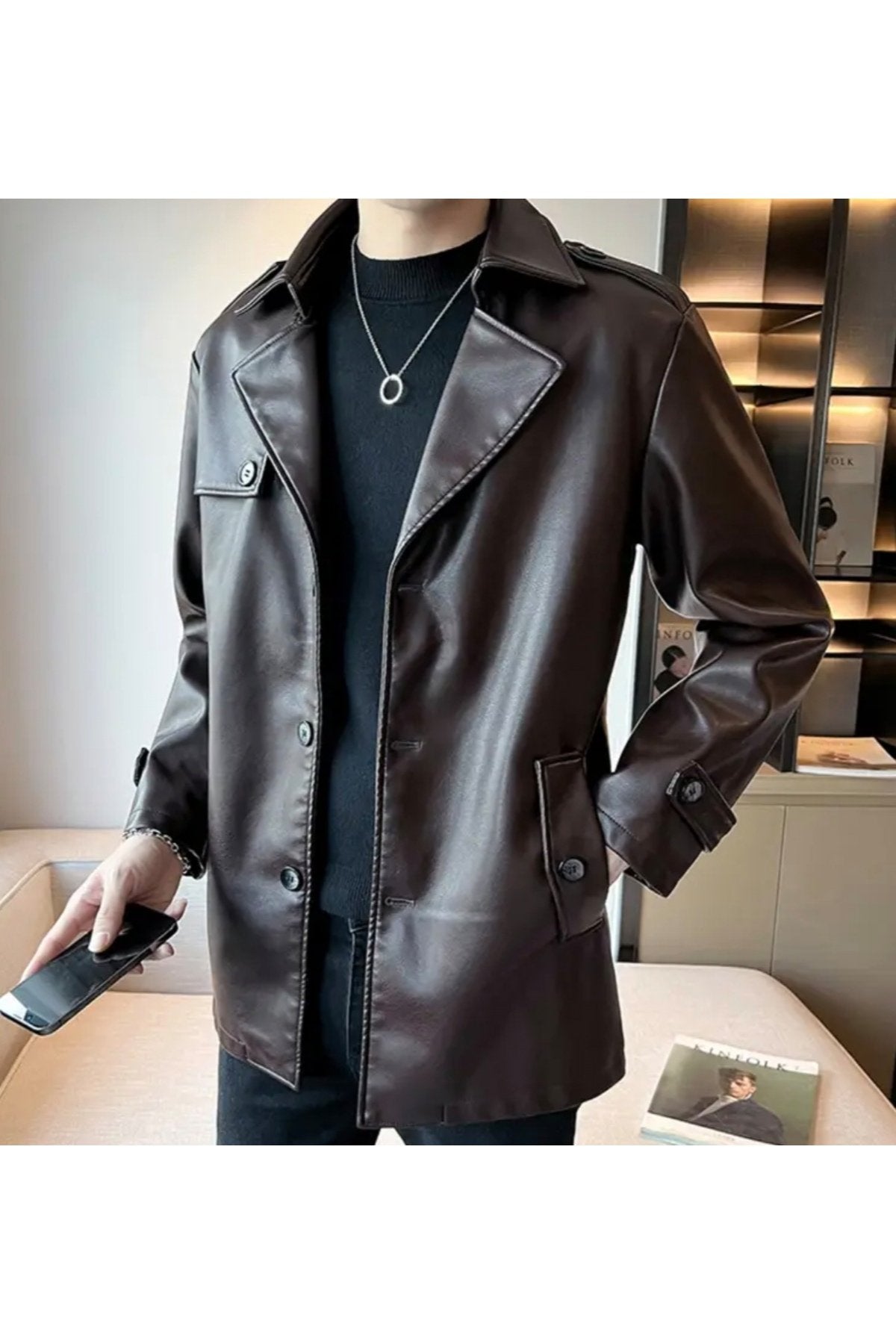 Trençkot Hakiki Kuzu Derisi düğme kapamalı