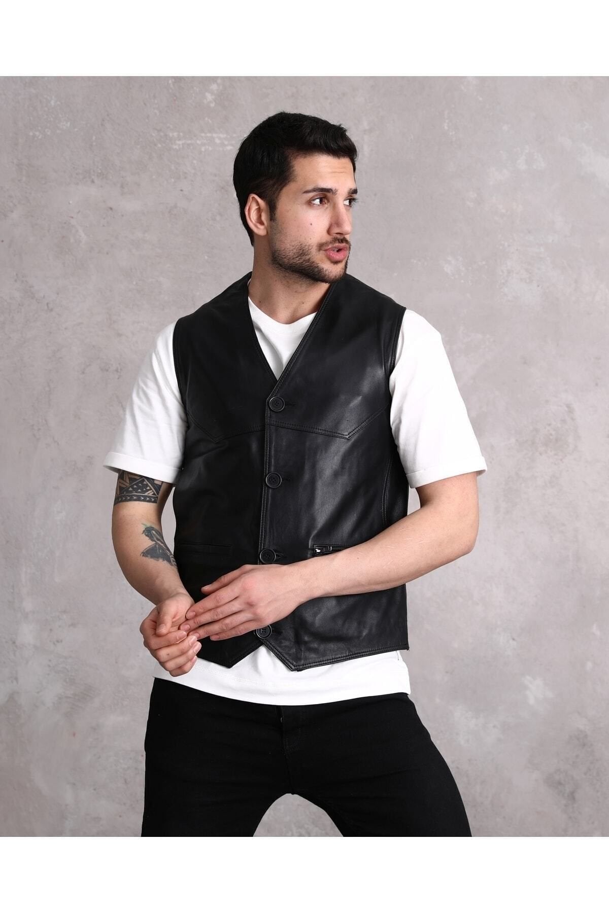 Hakiki Deri Yandan Cepli Siyah Erkek Yelek