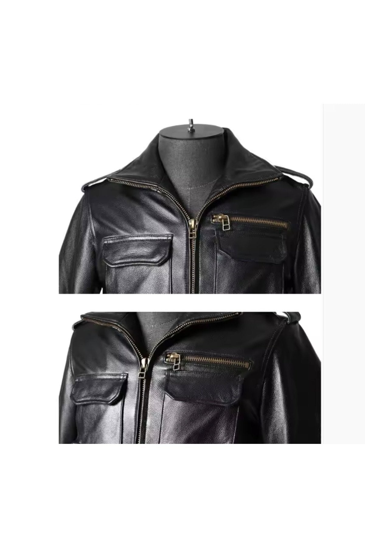 Yakası fermuarlı dik hakim yaka hakiki deri mont