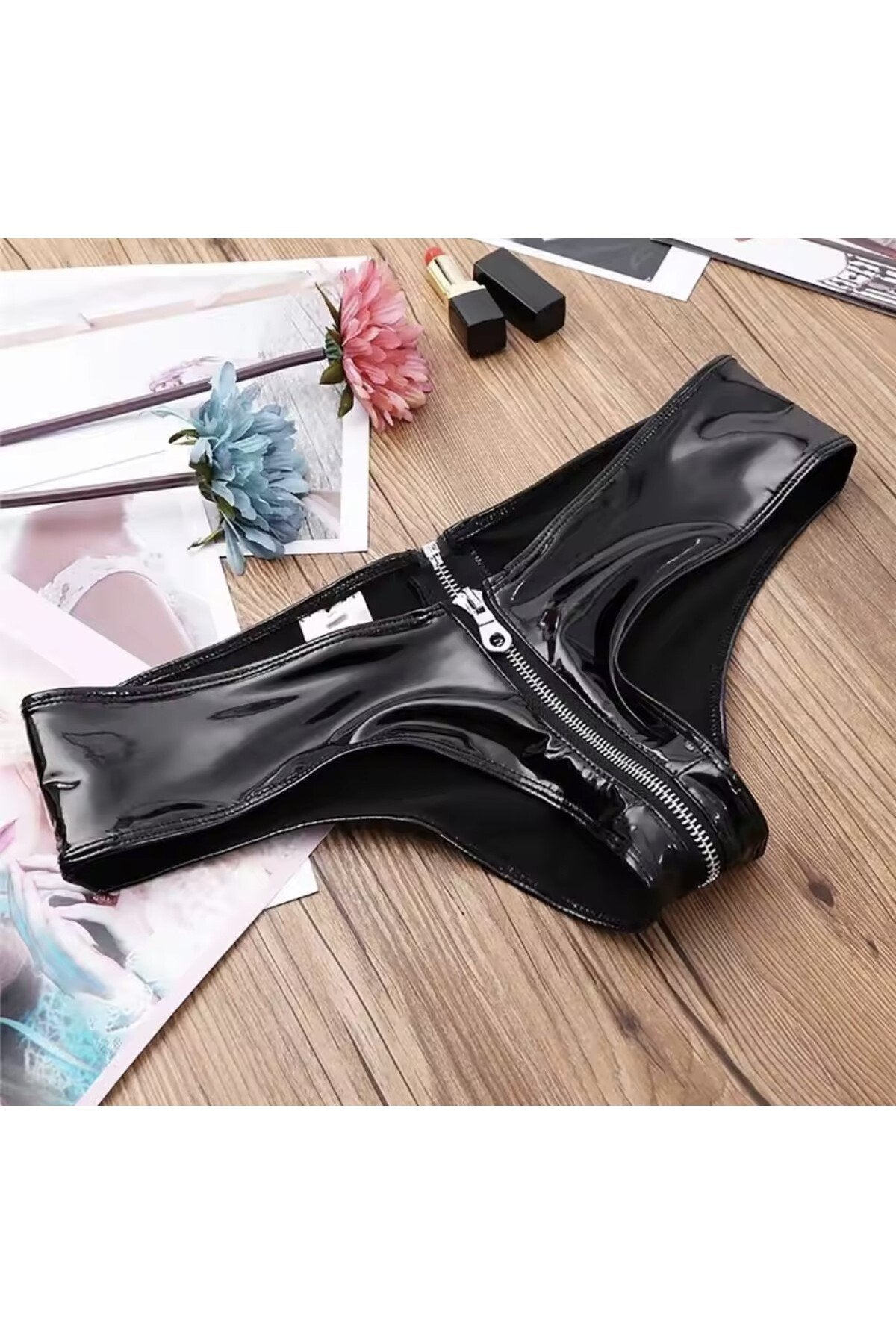 Deri külot rugan deri ortası komple fermuarlı fantazi