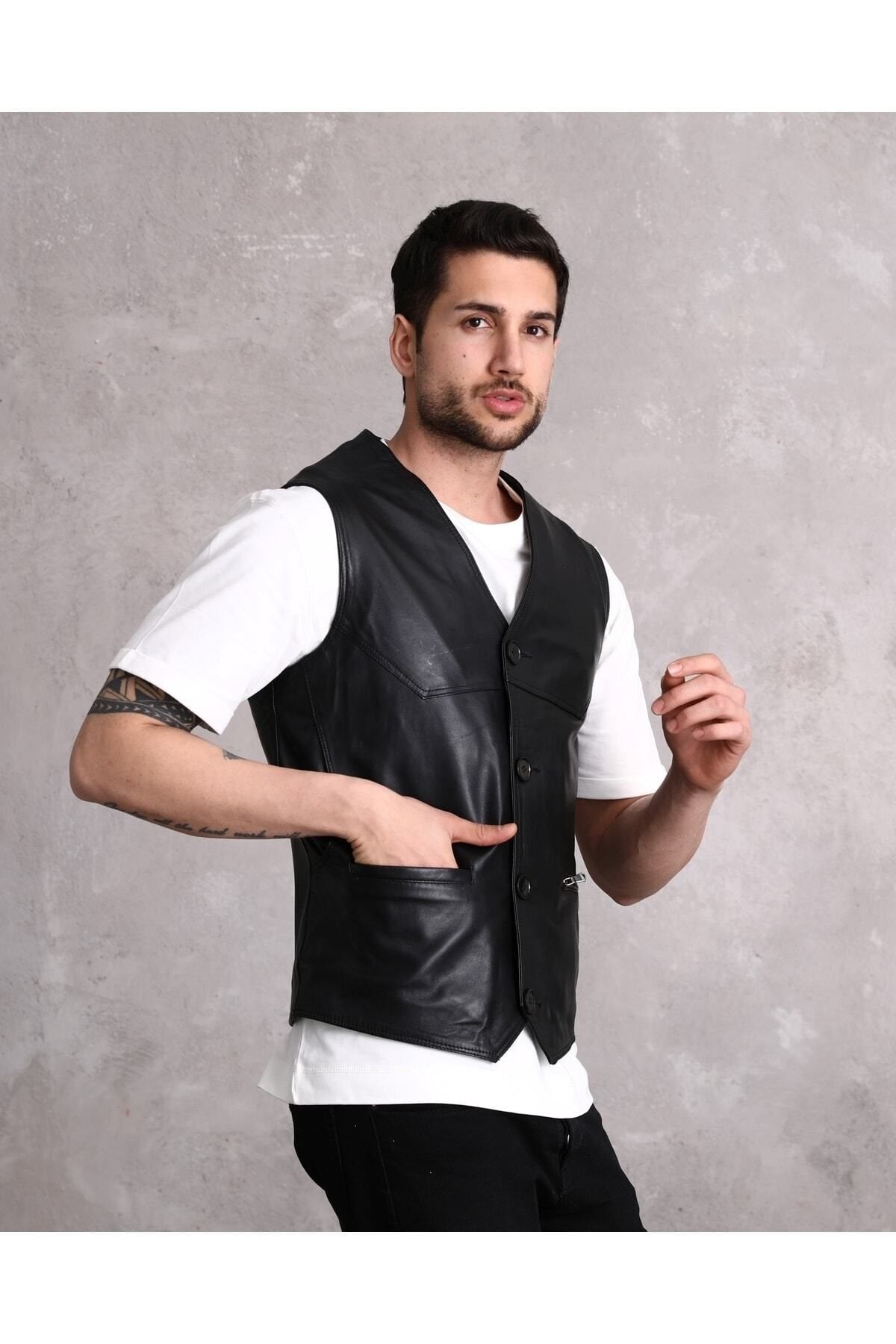 Hakiki Deri Yandan Cepli Siyah Erkek Yelek