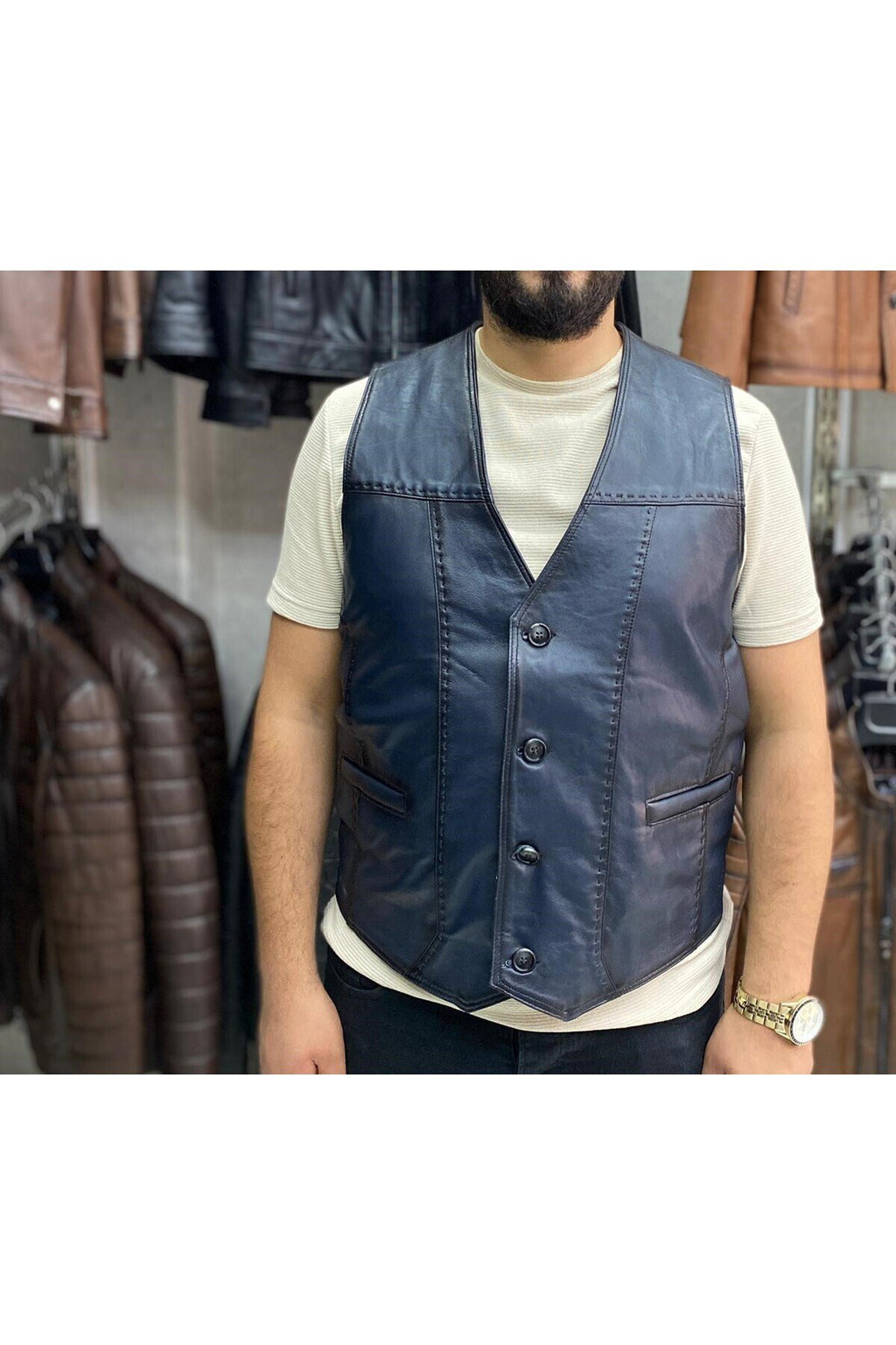 Hakiki Deri Lacivert Renk Yelek Slim Fit Kesim