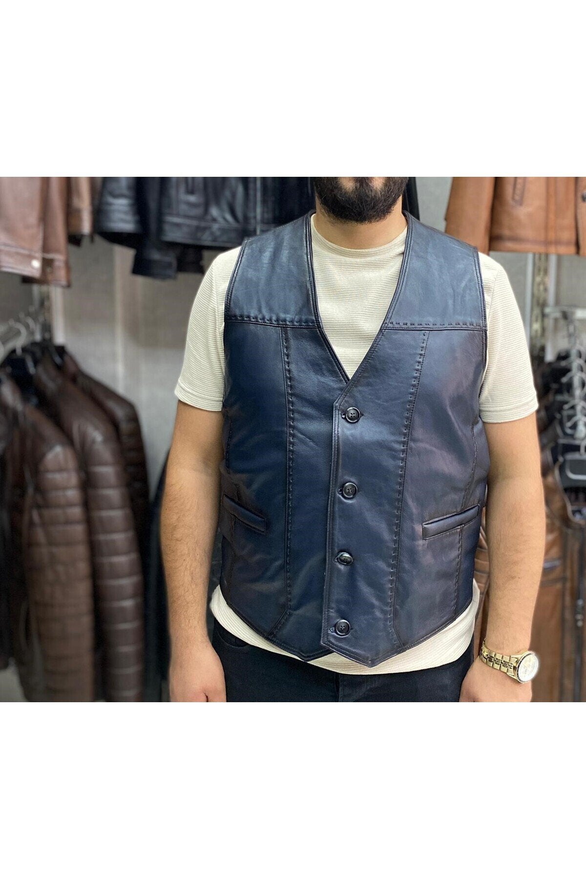 Hakiki Deri Lacivert Renk Yelek Slim Fit Kesim