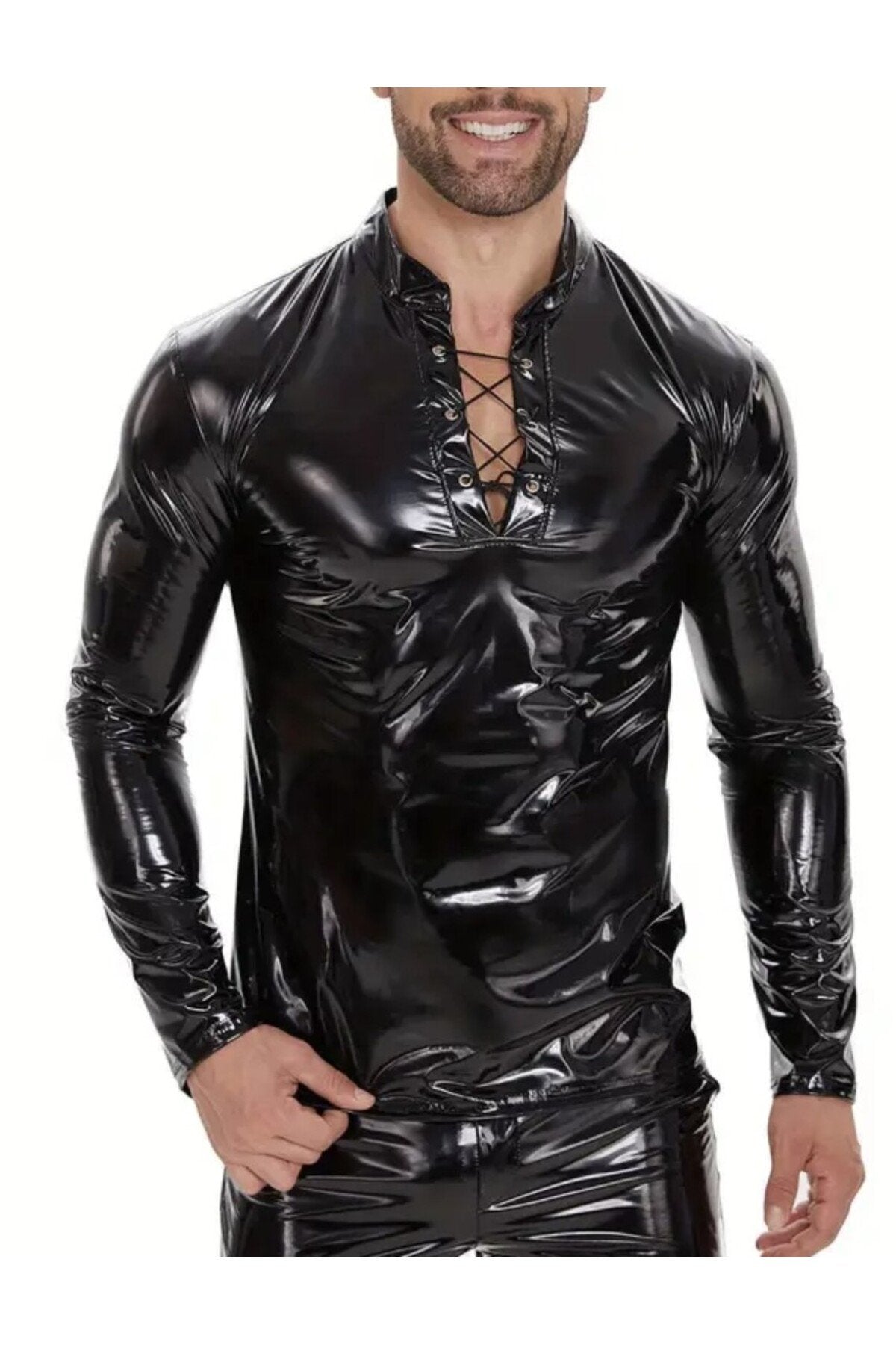 Parlak Rugan Deri Yakası İp Bağlamalı Tişört