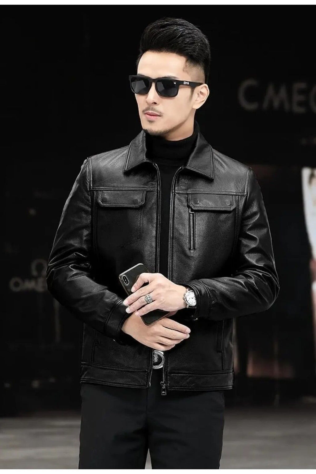 Hakiki deri ceket tarzı mont gömlek yaka