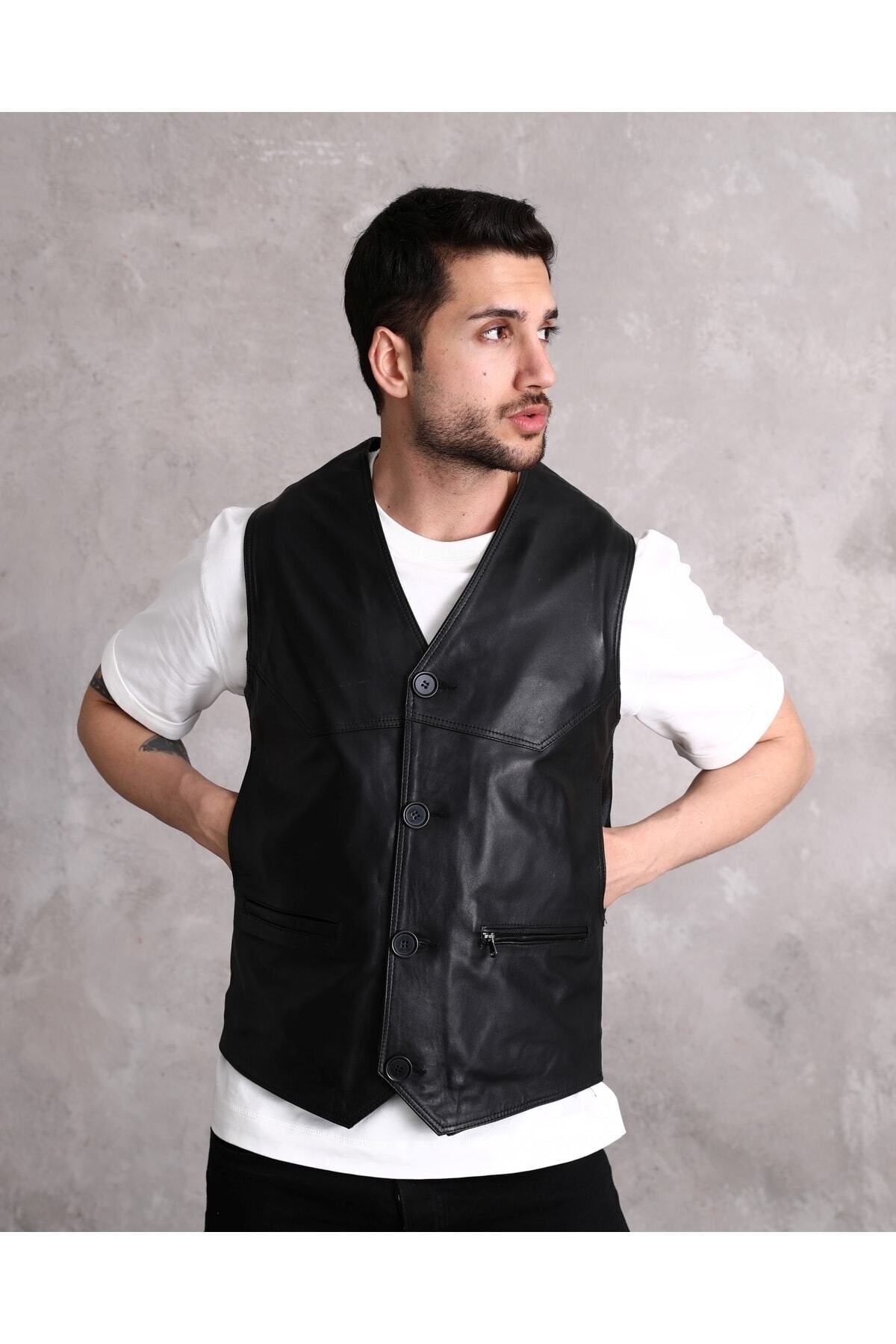 Hakiki Deri Yandan Cepli Siyah Erkek Yelek