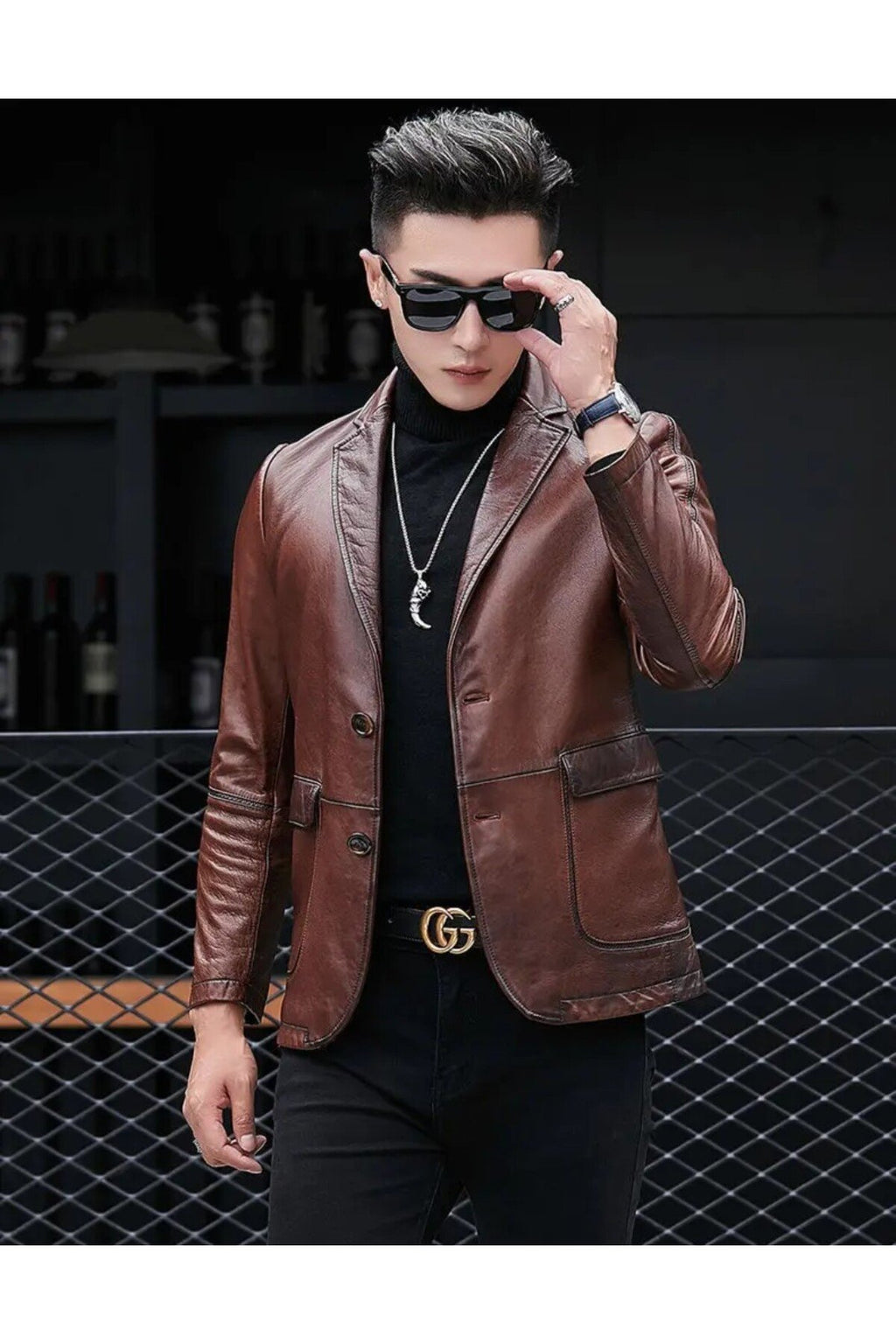 Deri ceket kapaklı torba cepli karartmalı kahve renk