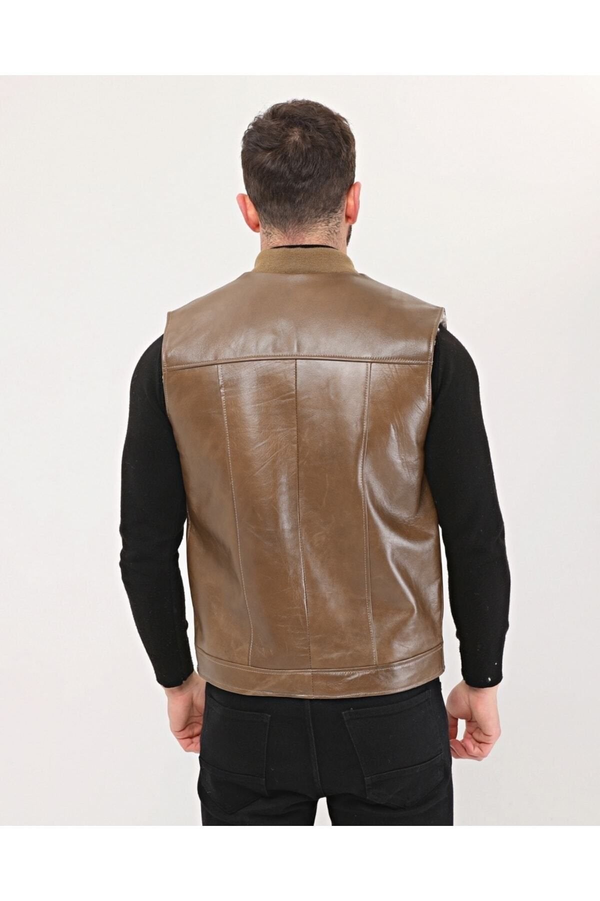 Hakiki Deri Bisiklet Yaka Içi Kürklü Yelek Kahve Renk