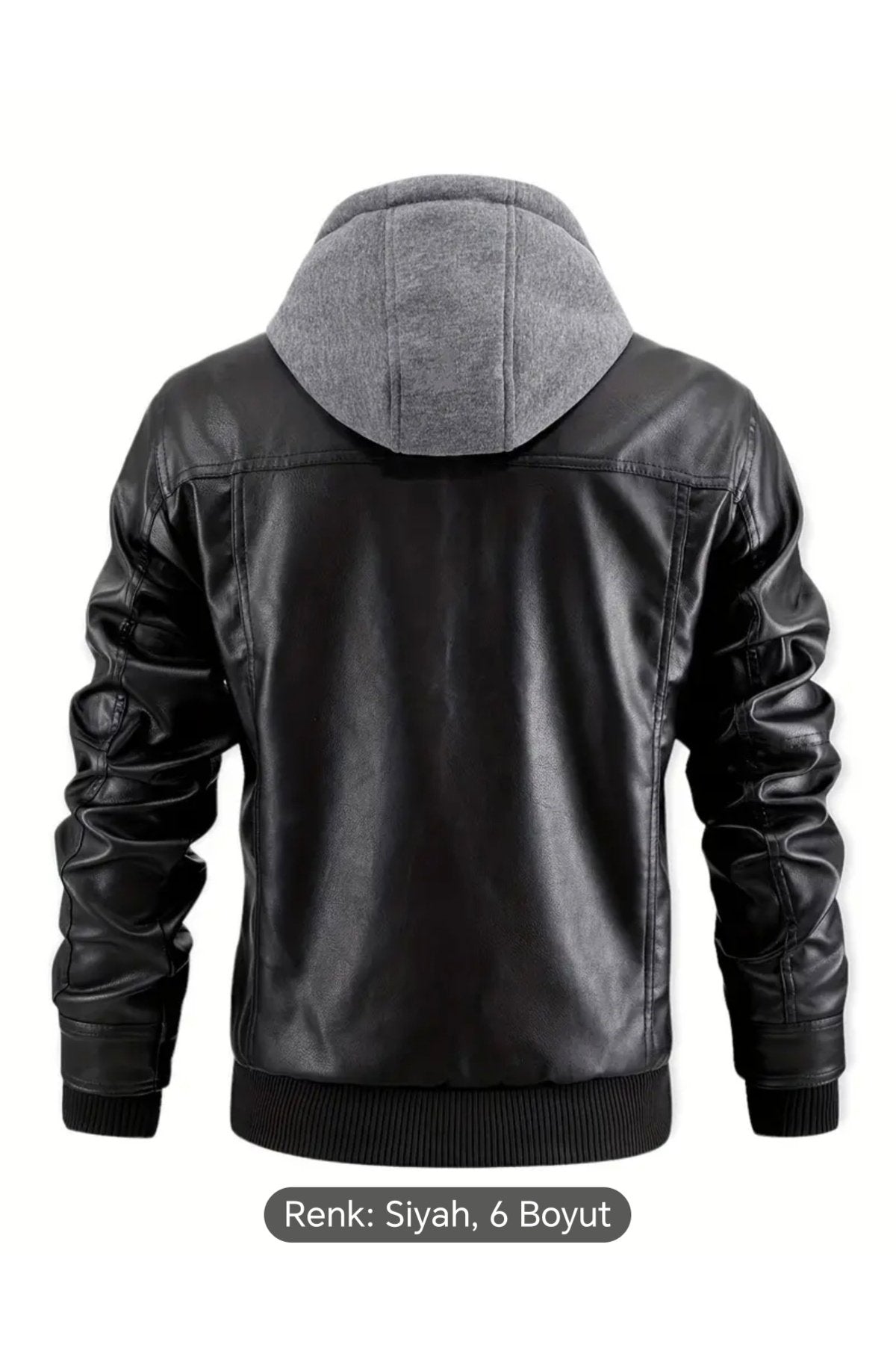 Kapüşonlu hakiki deri dikiş ve ribana detaylı mont