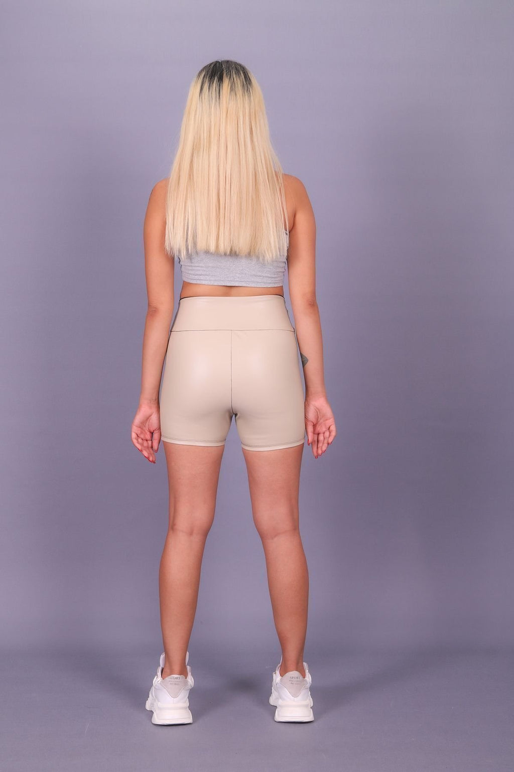 Deri spor şort yüksel bel
