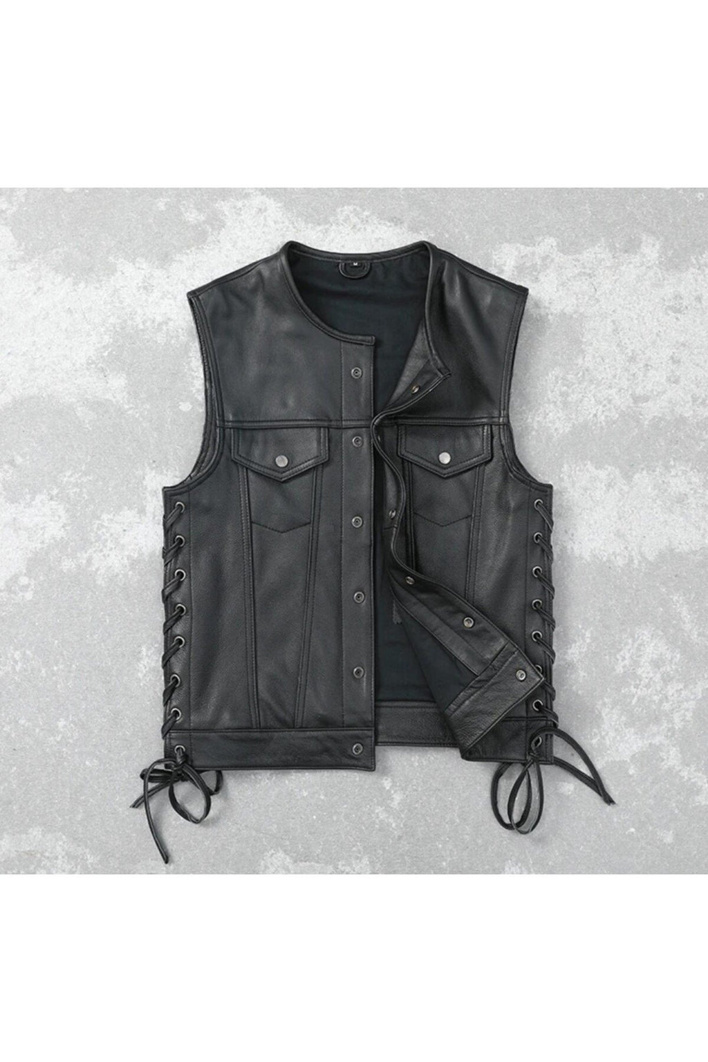 Yanları deri ip bağlamalı biker yelek hakiki deri