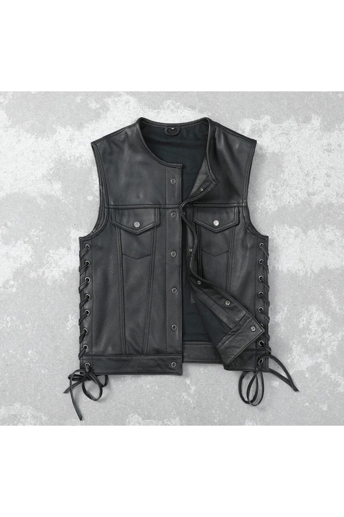Yanları deri ip bağlamalı biker yelek hakiki deri