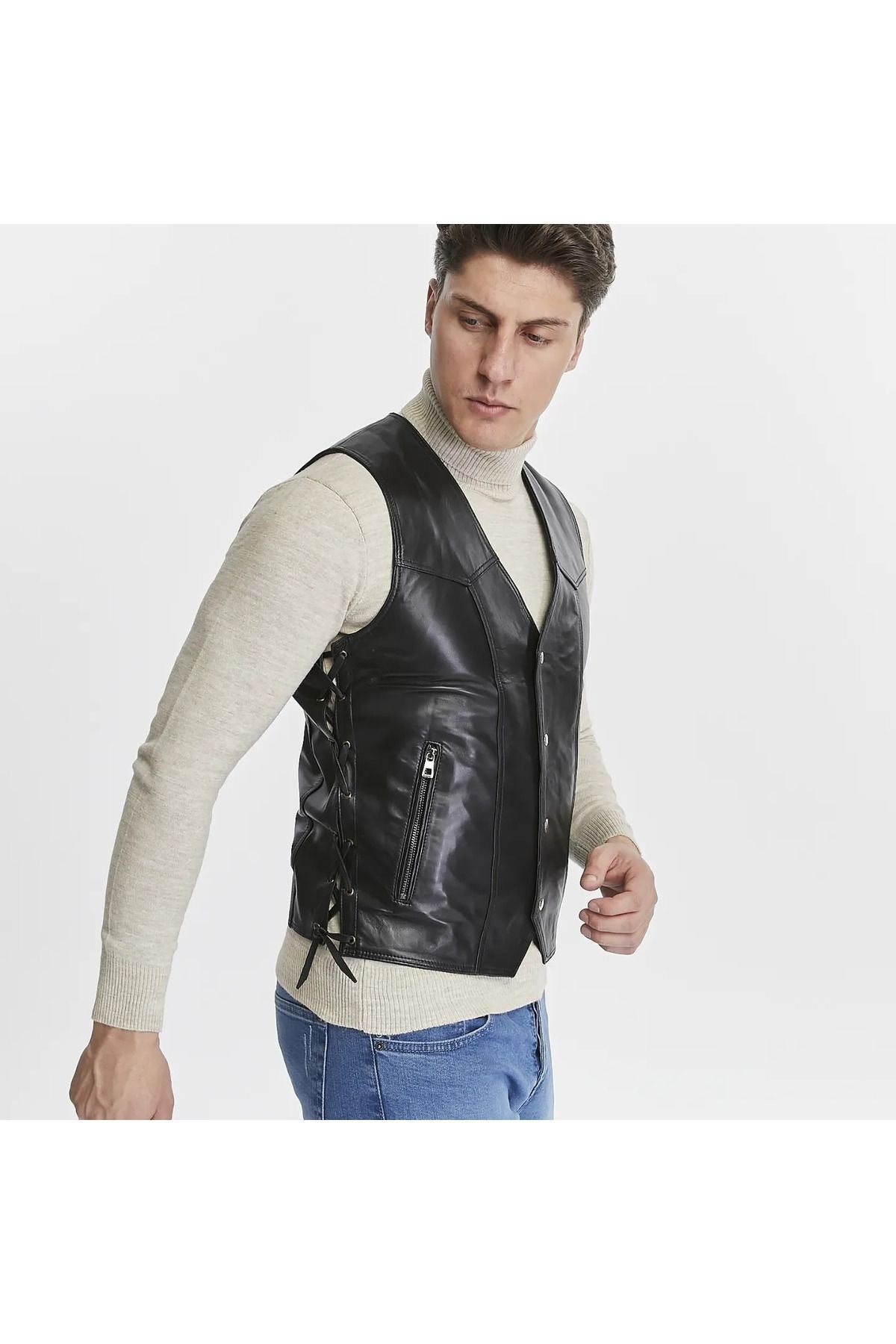 Hakiki Deri Yandan Ayarlanabilir Bağcıklı Yelek
