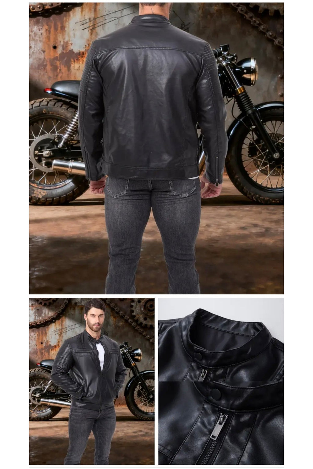 Omuzları ve Kolları Dikiş Detaylı Hakiki Kuzu Derisi Motorcu Mont