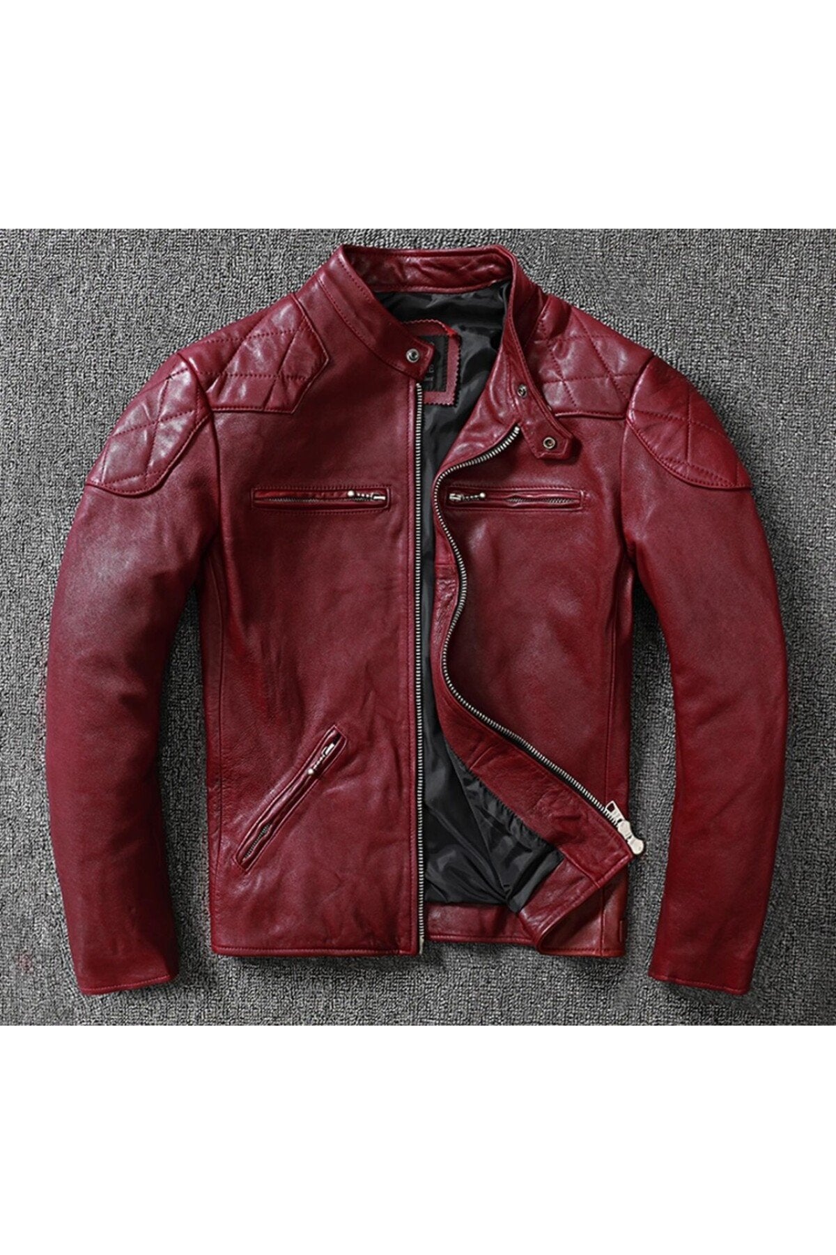 Vintage motosiklet şarap kırmızı renk hakiki deri mont