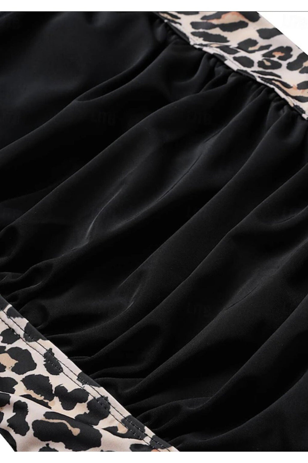 Kare yaka yanları leopar desenli siyah Kadın Mayo