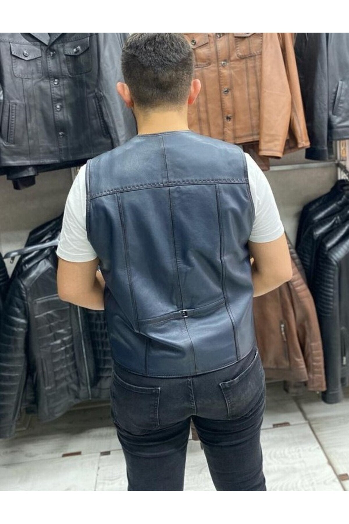 Hakiki Deri Lacivert Renk Yelek Slim Fit Kesim