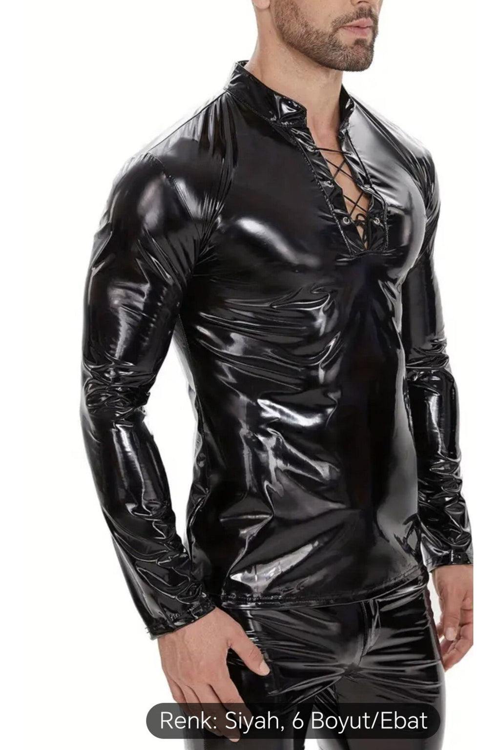 Parlak Rugan Deri Yakası İp Bağlamalı Tişört