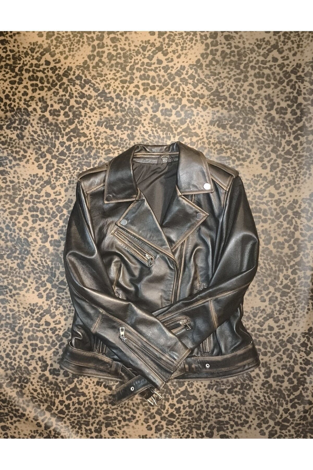 Hakiki deri Kadın ceket slim-fit biker model motorcu tarzı eskitme