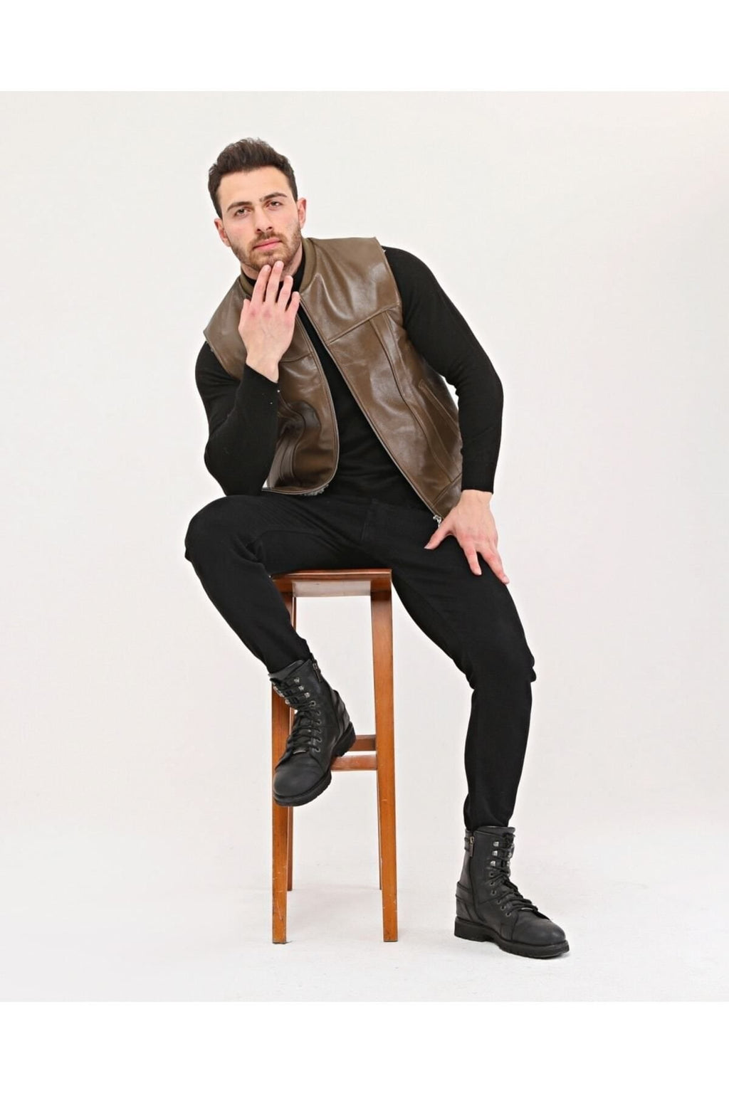 Hakiki Deri Bisiklet Yaka Içi Kürklü Yelek Kahve Renk