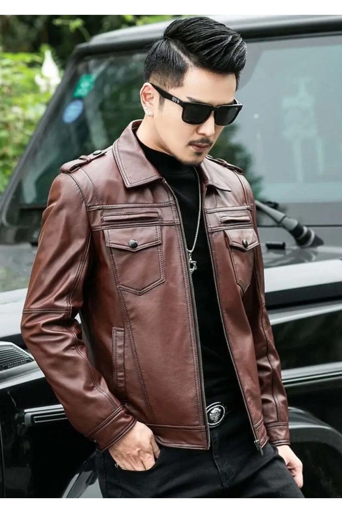 Hakiki deri ceket tarzı mont apoletli