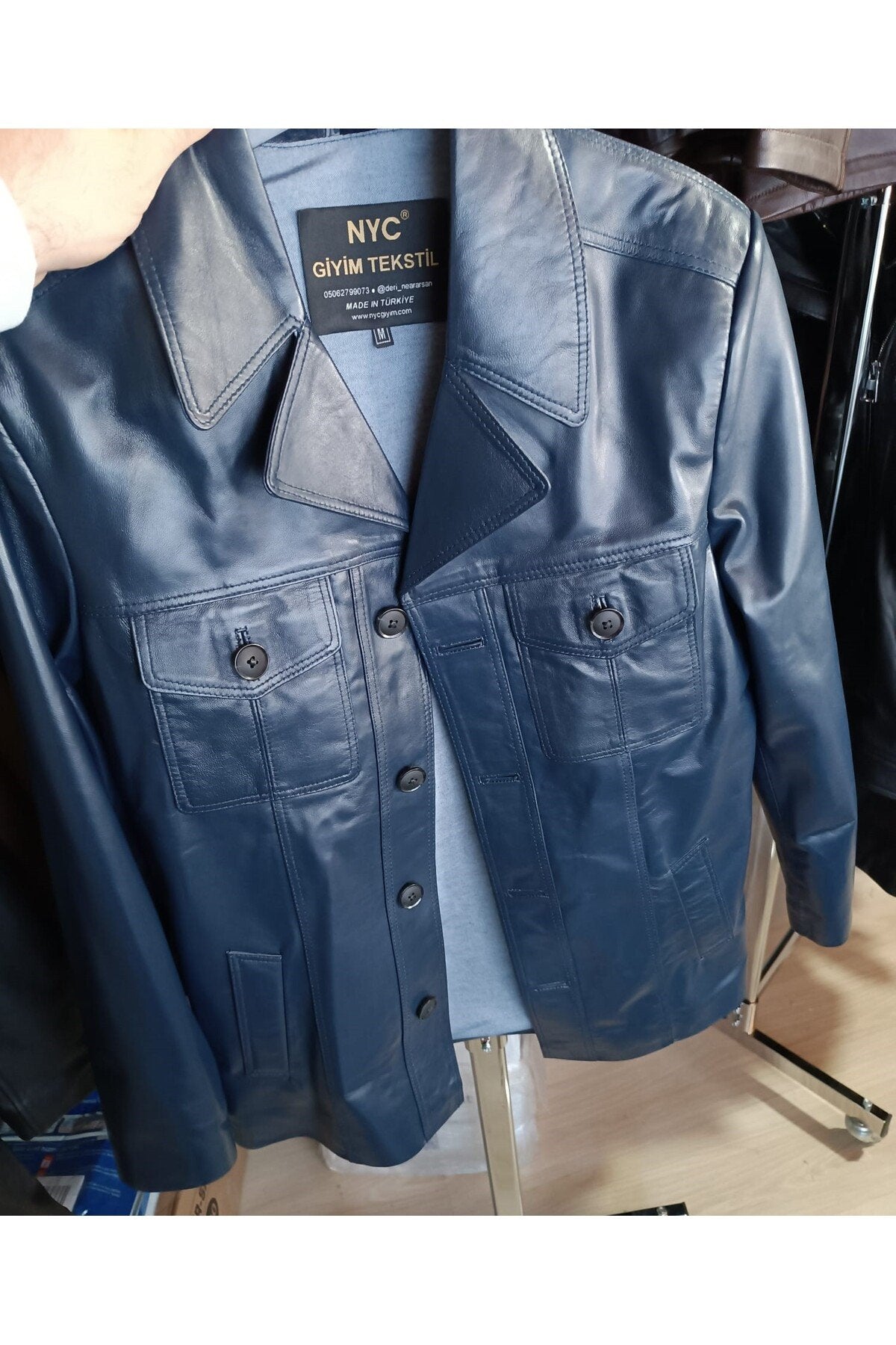 Hakiki Kuzu Derisi Lacivert Renk Uzun Ceket