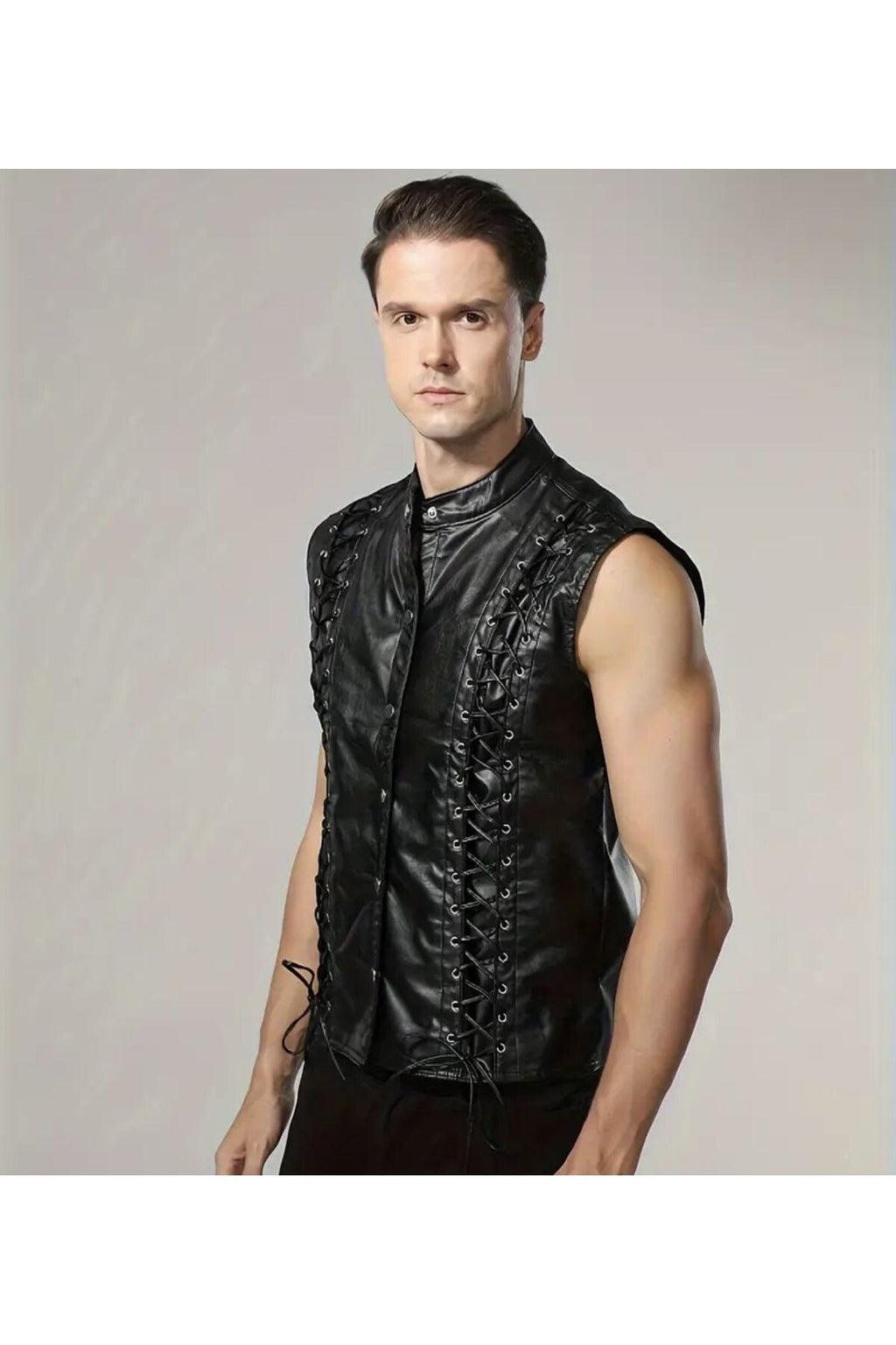 Punk Tarzı Hakiki Deri Yelek ,Deri İp Bağlamalı Silüet ,Dış Kısmı Cepsiz ,İç Kısmı Cepli