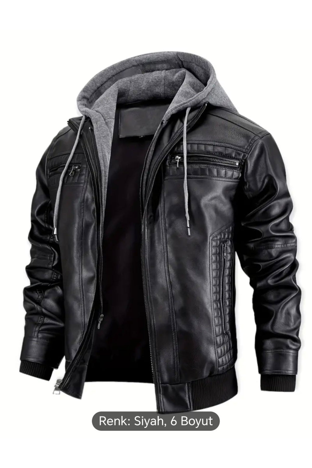 Kapüşonlu hakiki deri dikiş ve ribana detaylı mont