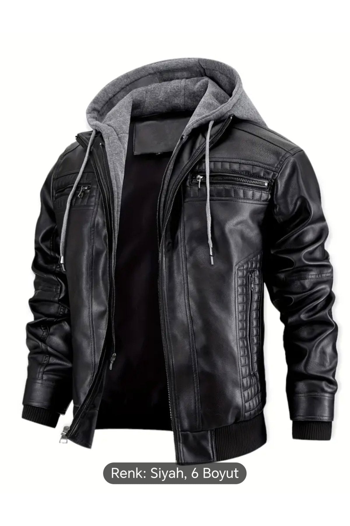 Kapüşonlu hakiki deri dikiş ve ribana detaylı mont