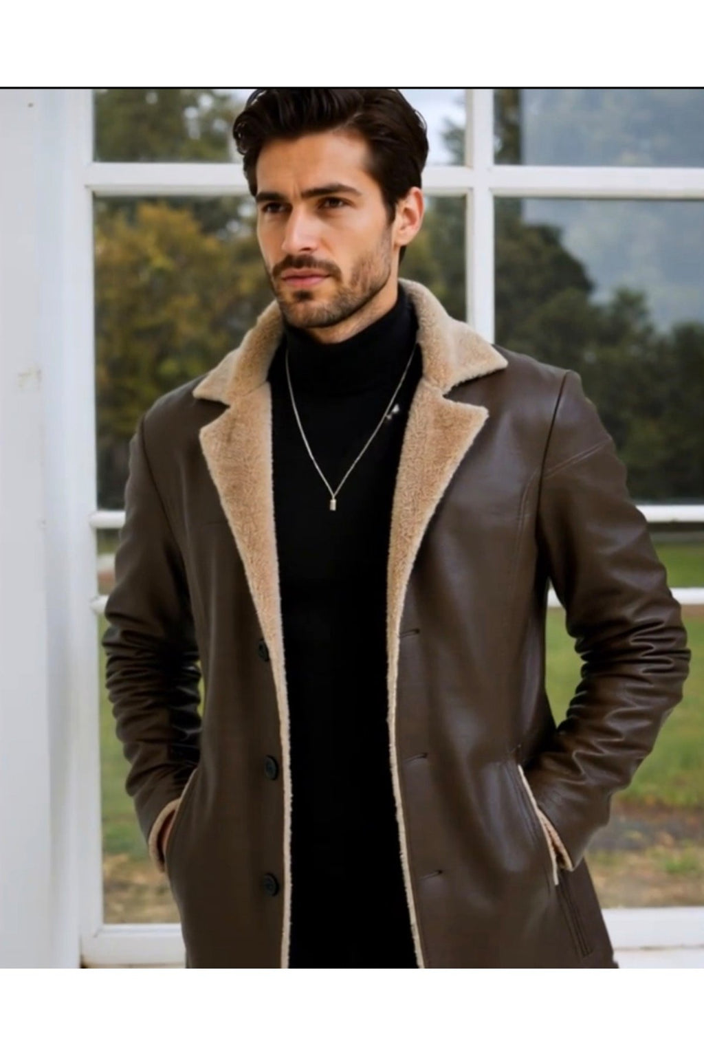 İçi ve Yaka Kenarları Tüylü Uzun Hakiki Deri Kaban