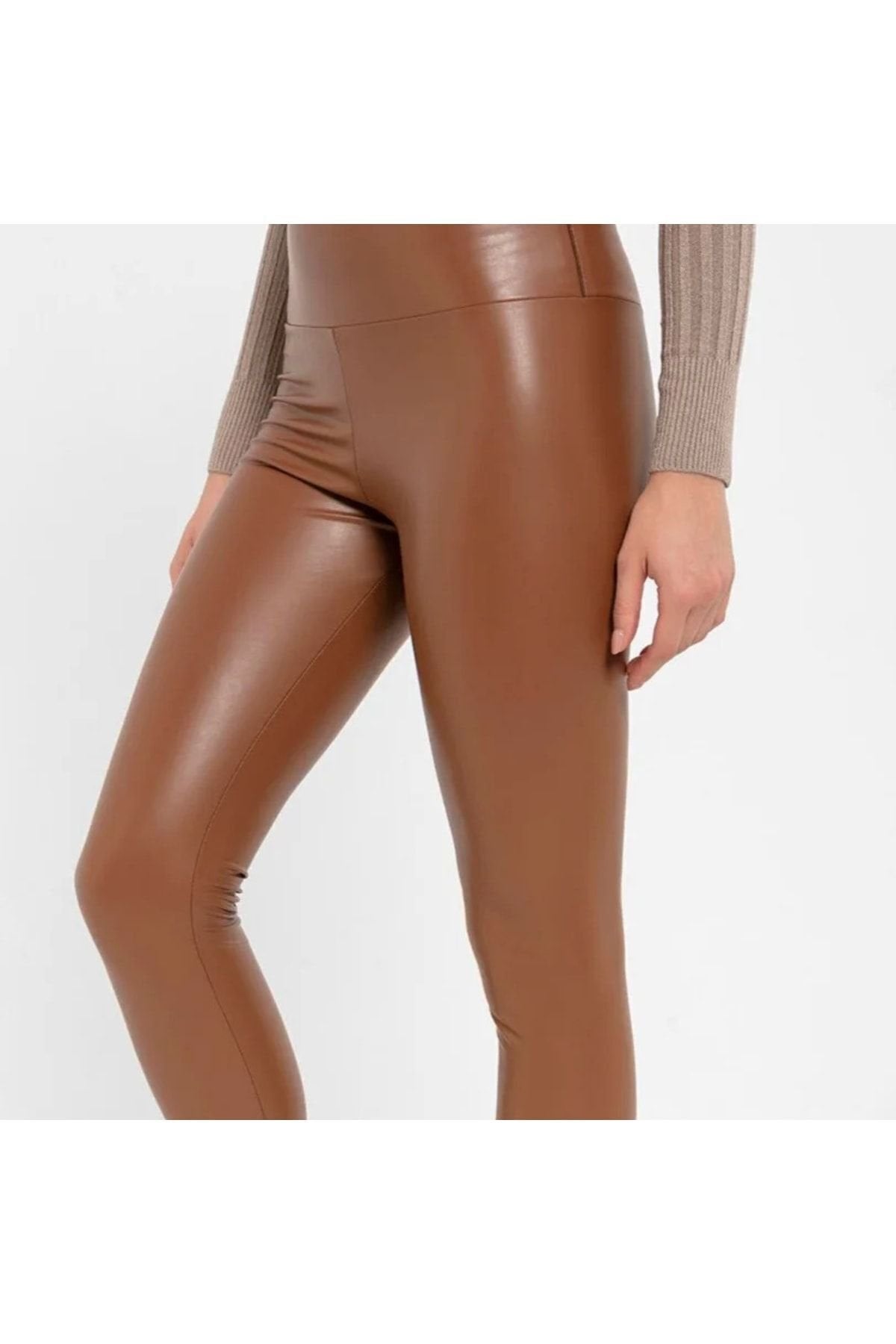 Deri Tayt Yüksek Bel Koyu Kahve