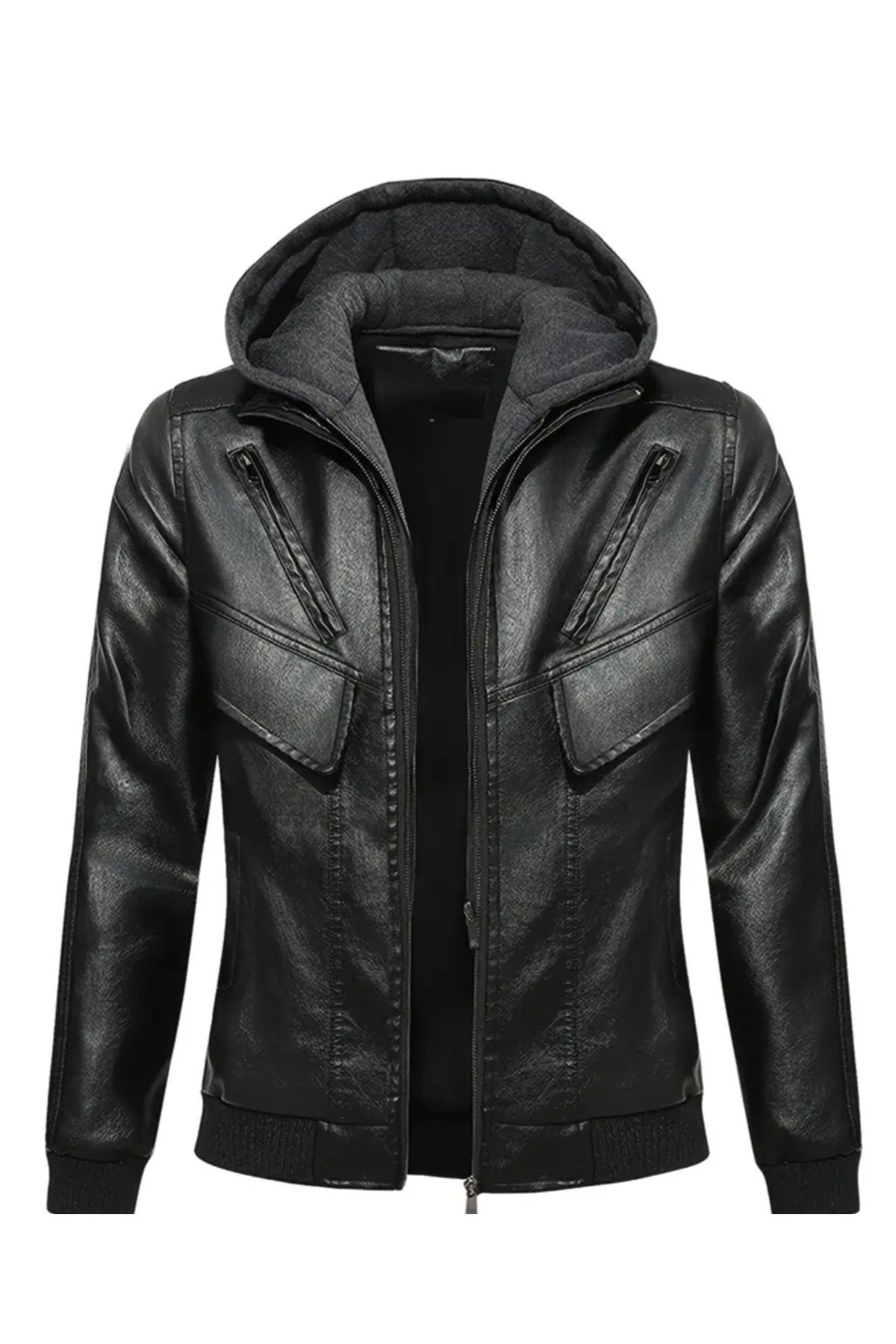 Kapüşonlu Hakiki Deri Kapak Süslü Mont Mat Veya Parlak Seçenekli