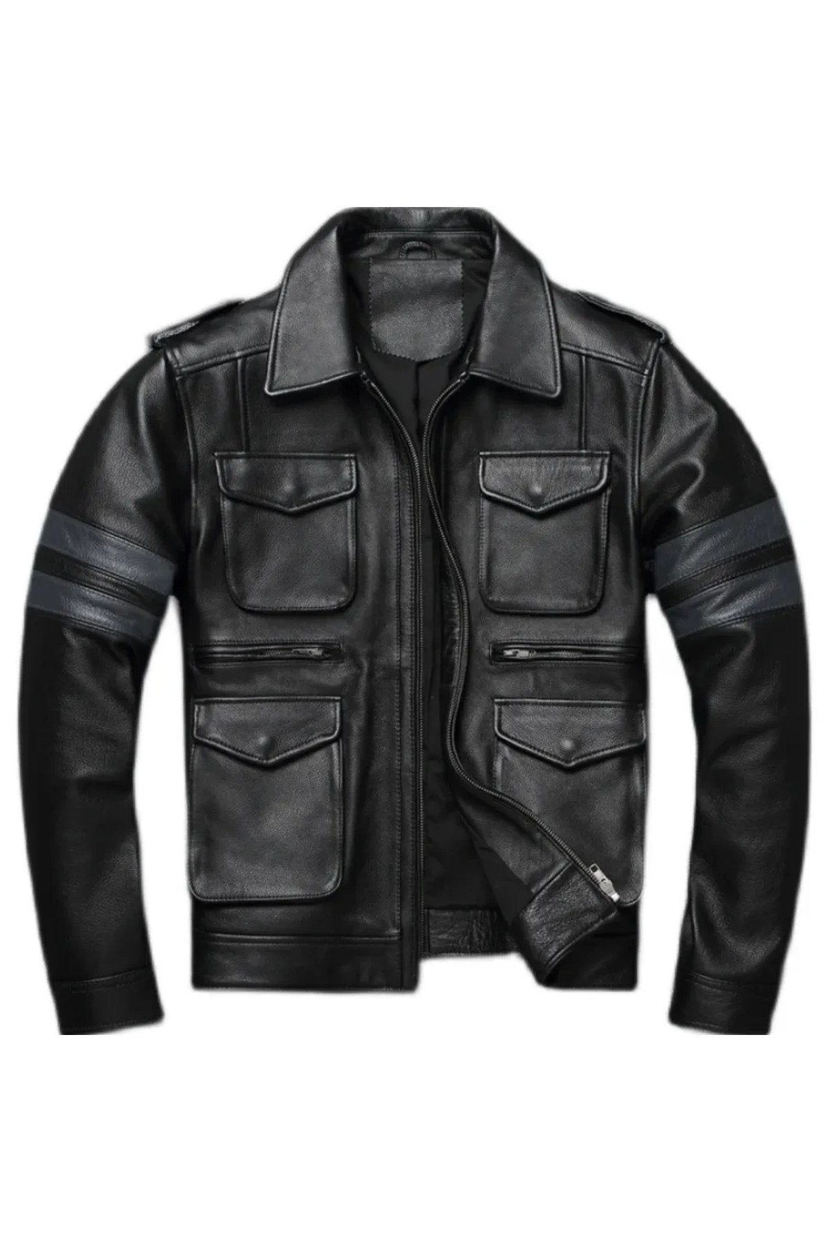 Hakiki Kuzu Derisi Kolları Yatay Gri Çizgili Siyah Spor Mont