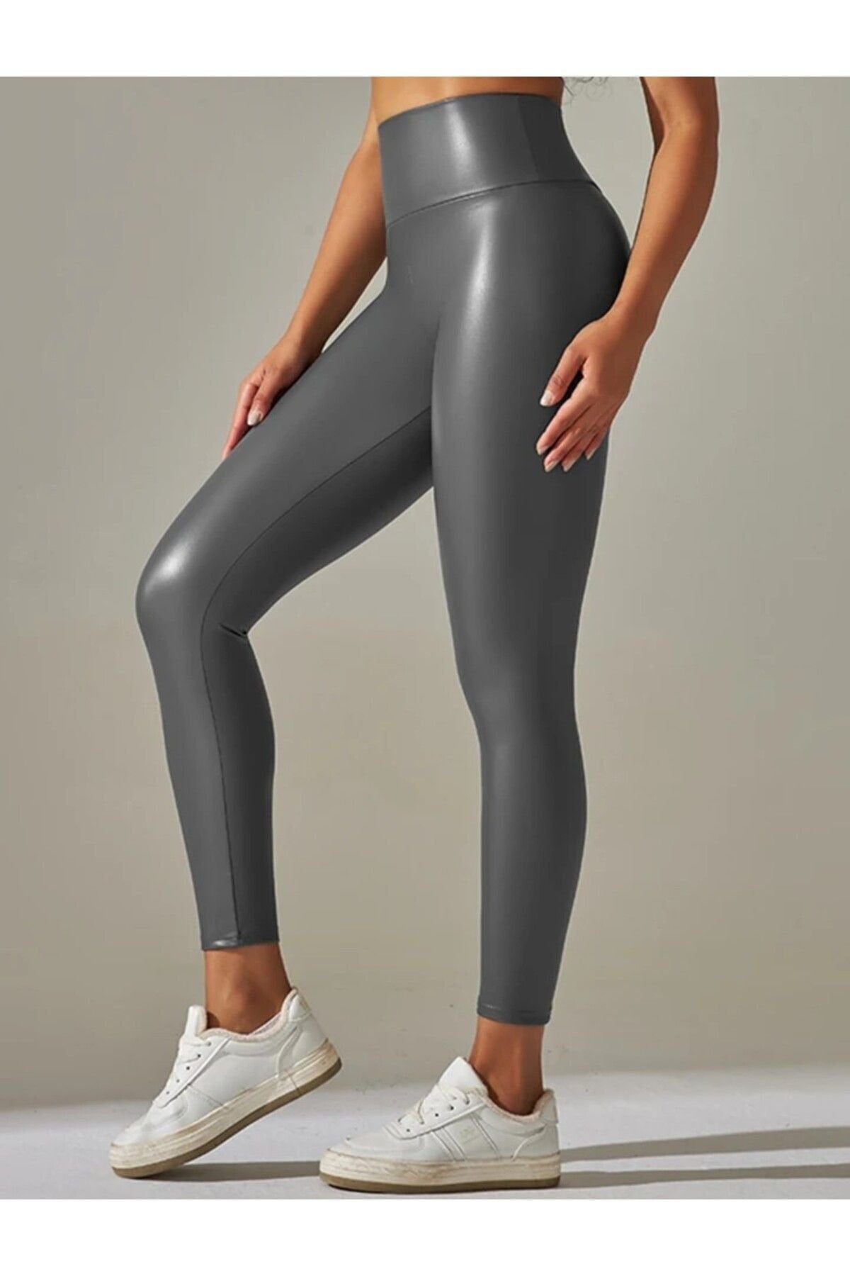 PU Deri Tayt Yüksek Bel koyu gri