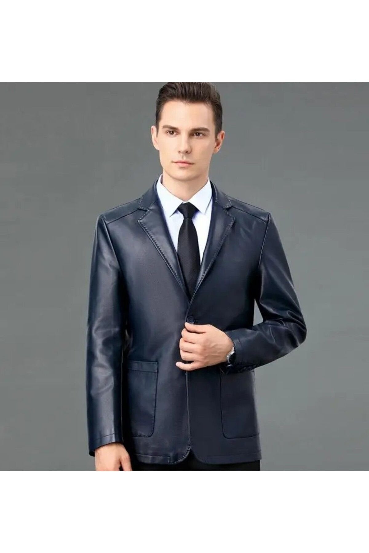 Hakiki deri ince kesit blazer klasik ceket