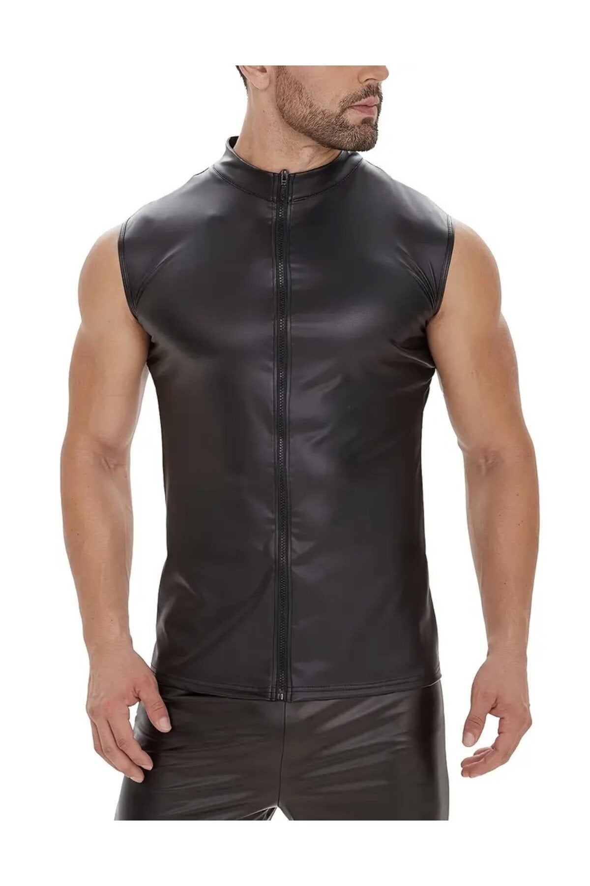 Deri Dik Yaka Sıfır kollu yelek