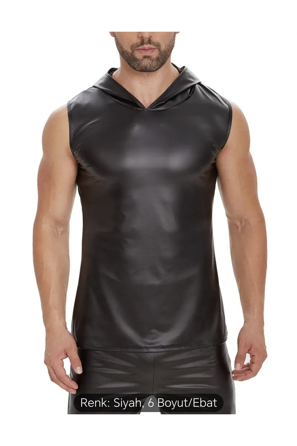 Deri Tişört Kapüşonlu Sıfır Kol Dar Kesim