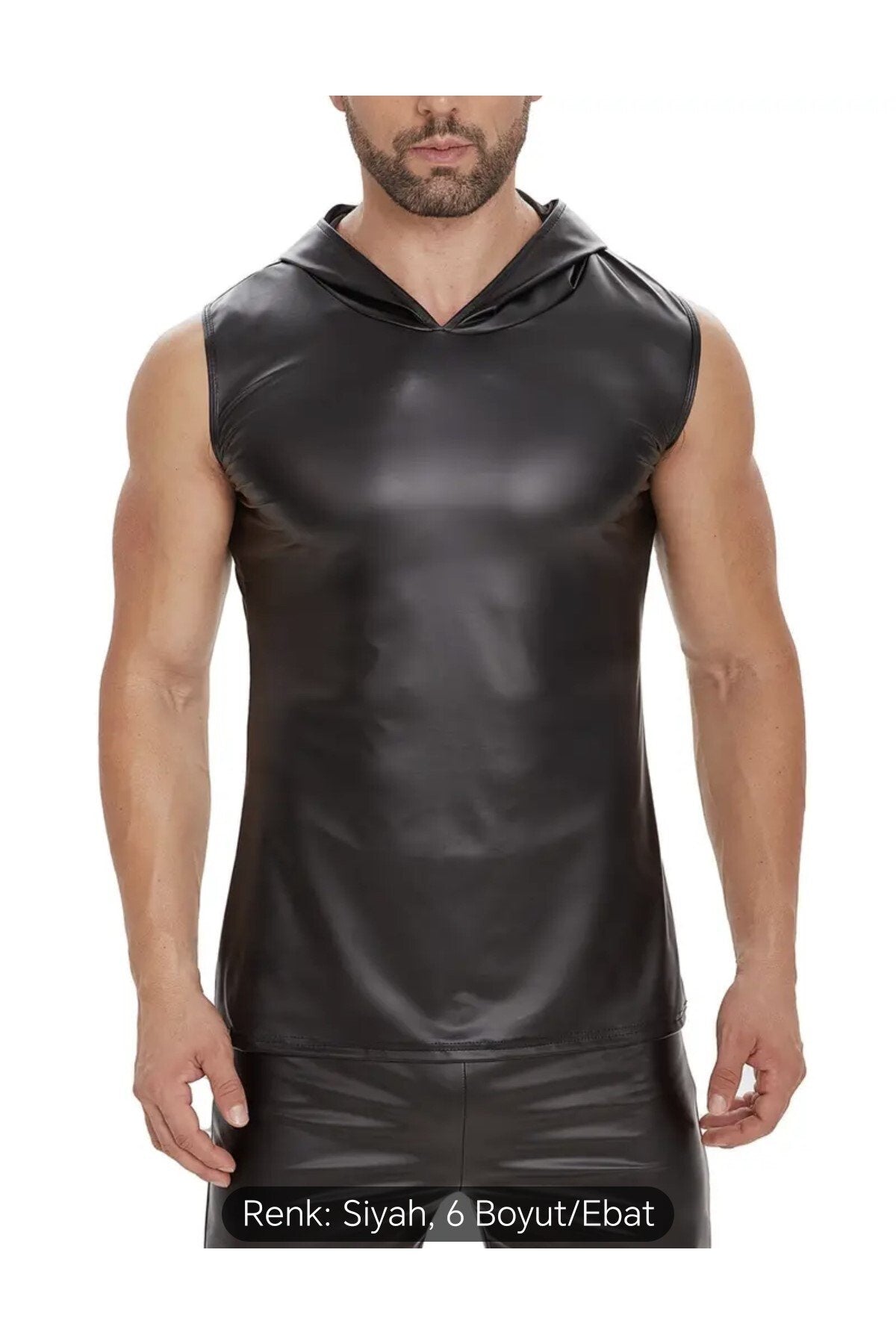 Deri Tişört Kapüşonlu Sıfır Kol Dar Kesim