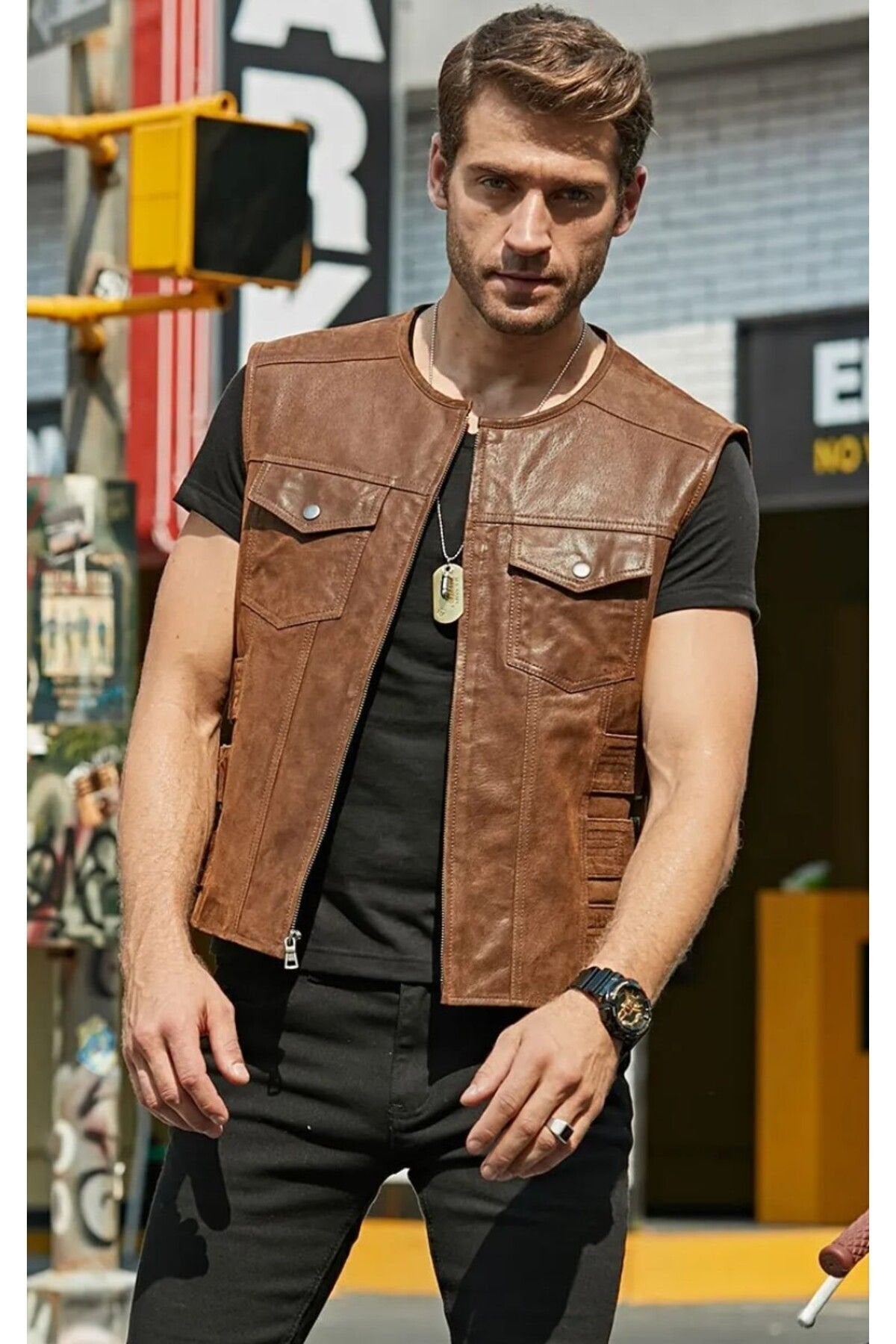 Hakiki Zik Deri Motorcu Yelek