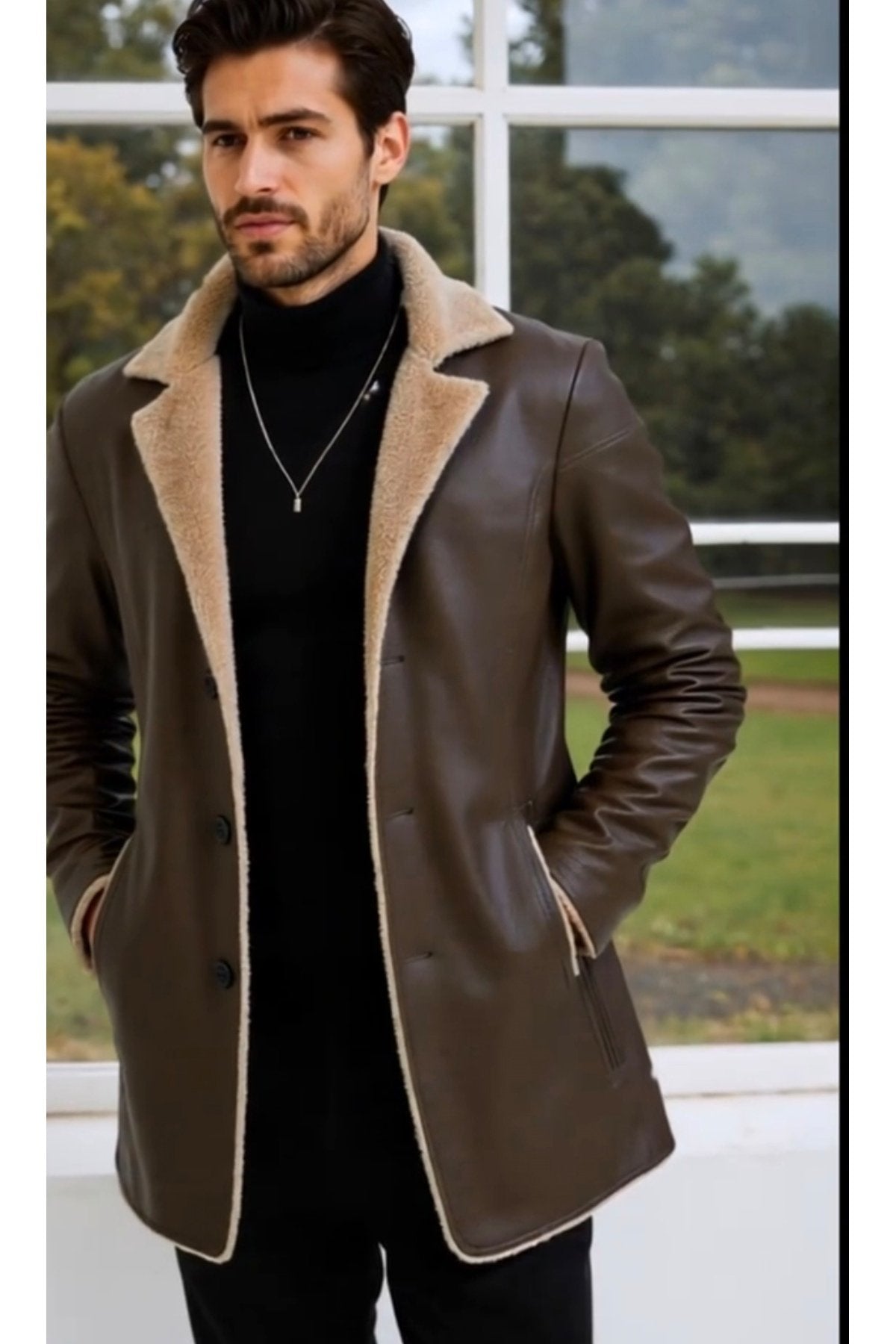 İçi ve Yaka Kenarları Tüylü Uzun Hakiki Deri Kaban