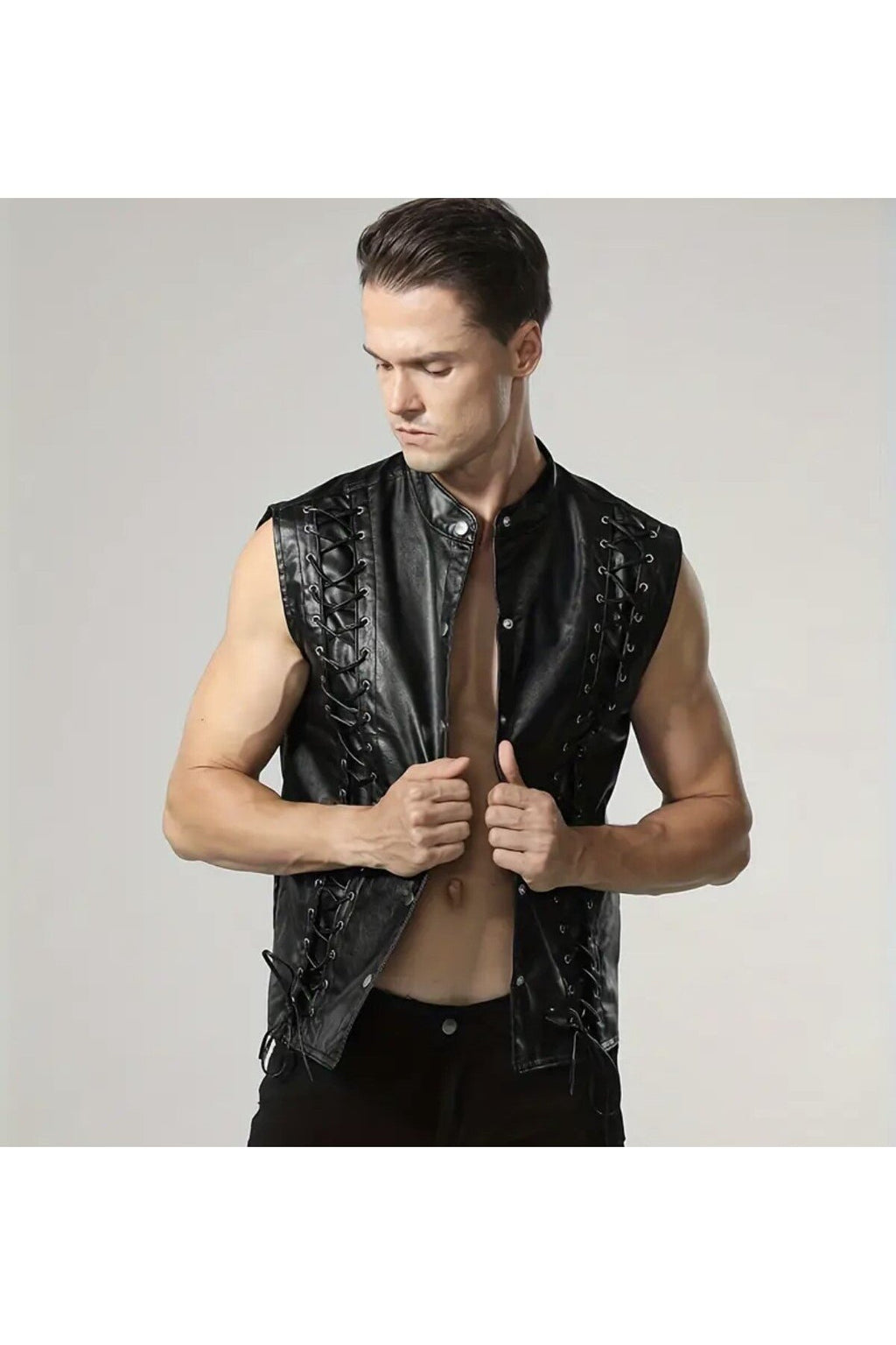 Punk Tarzı Hakiki Deri Yelek ,Deri İp Bağlamalı Silüet ,Dış Kısmı Cepsiz ,İç Kısmı Cepli