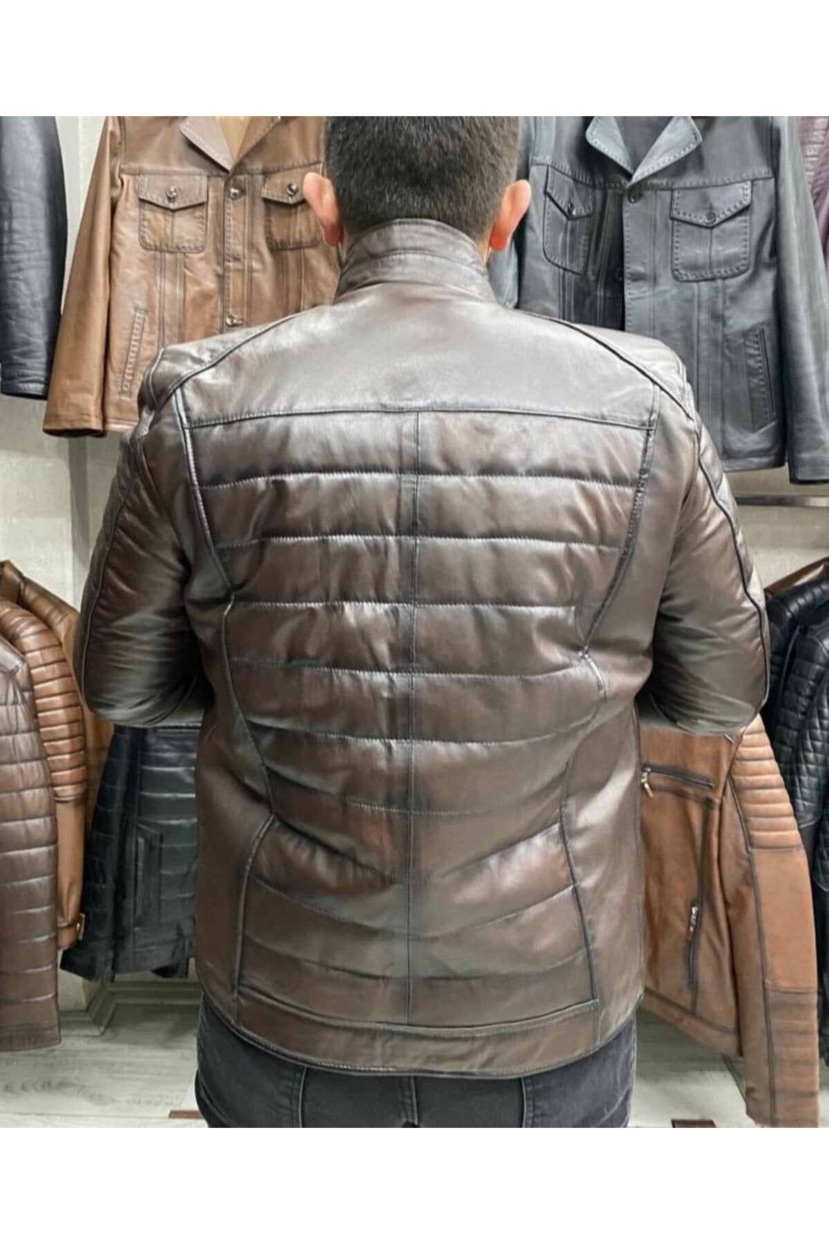 Şişme Hakiki Deri Mont Karartmalı Kahve