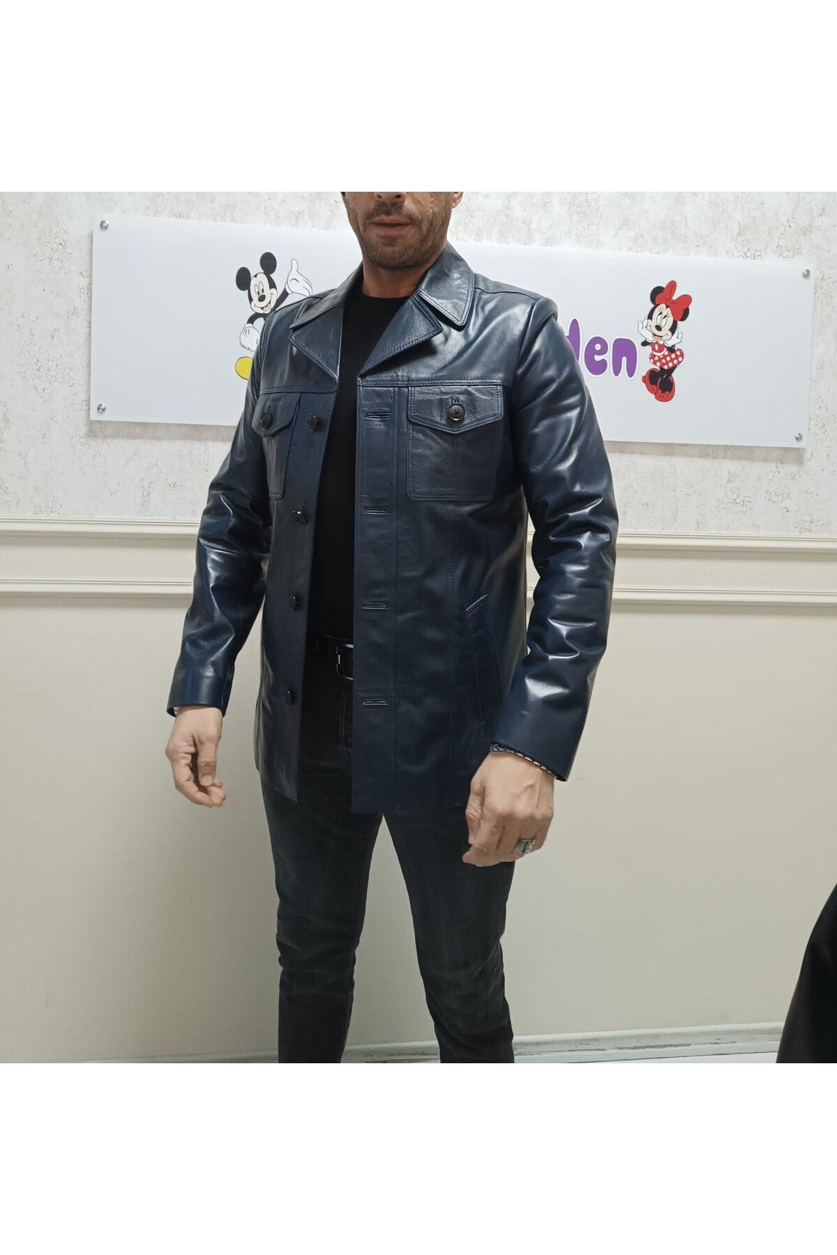 Hakiki Kuzu Derisi Lacivert Renk Uzun Ceket