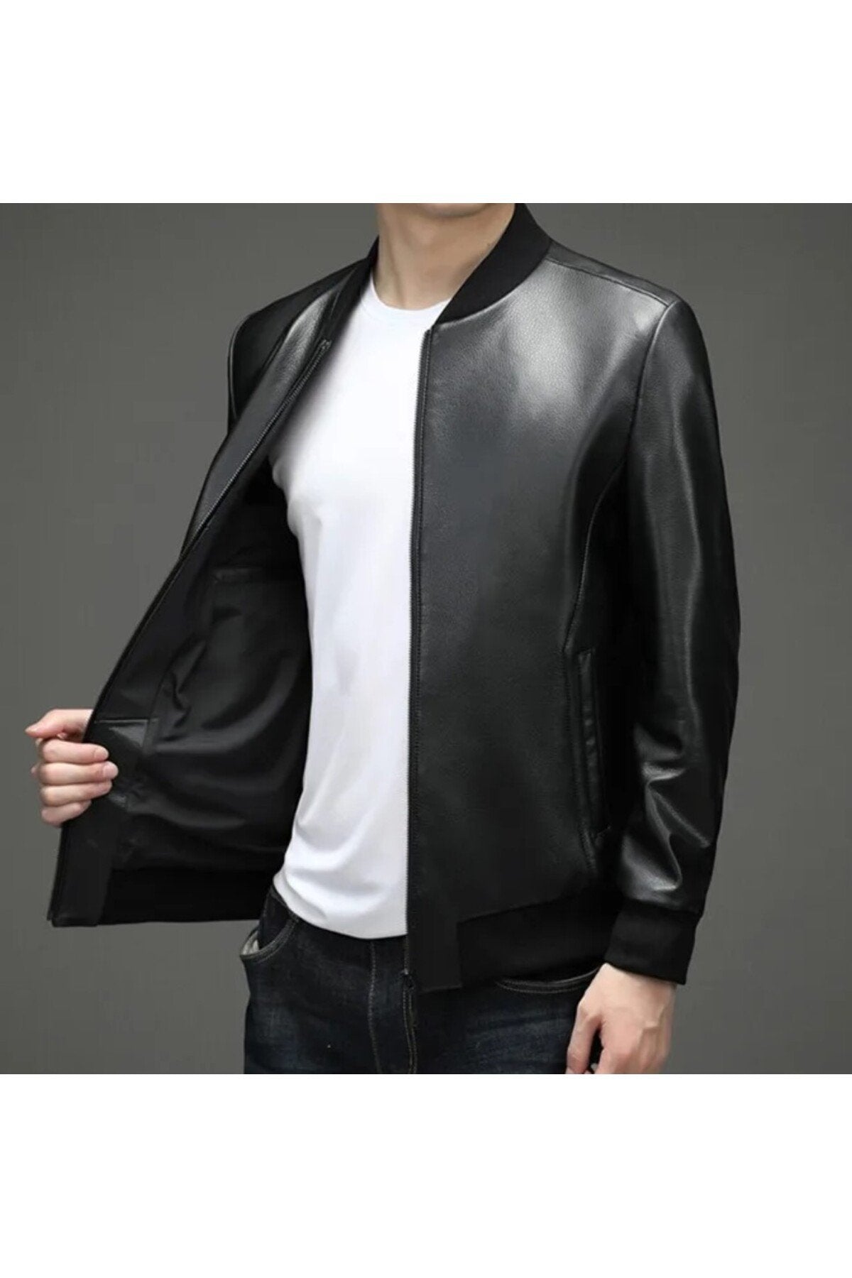 Spor hakiki deri ribanalı ceket