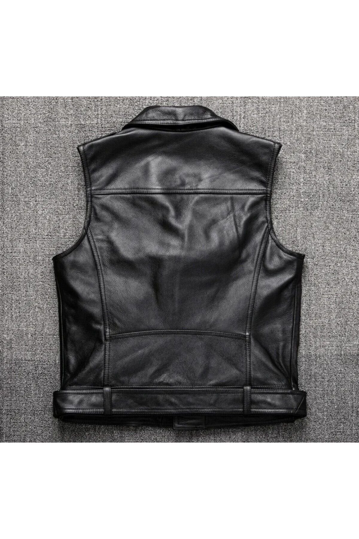Kuzu derisi motorcu tarzı biker yelek siyah renk
