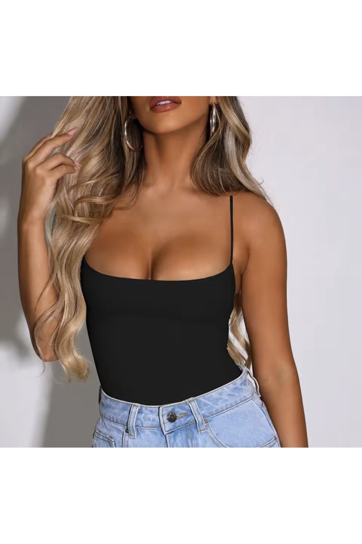 Siyah Kare Yaka Sırt Dekolteli Arkadan Bağlamalı Mayo