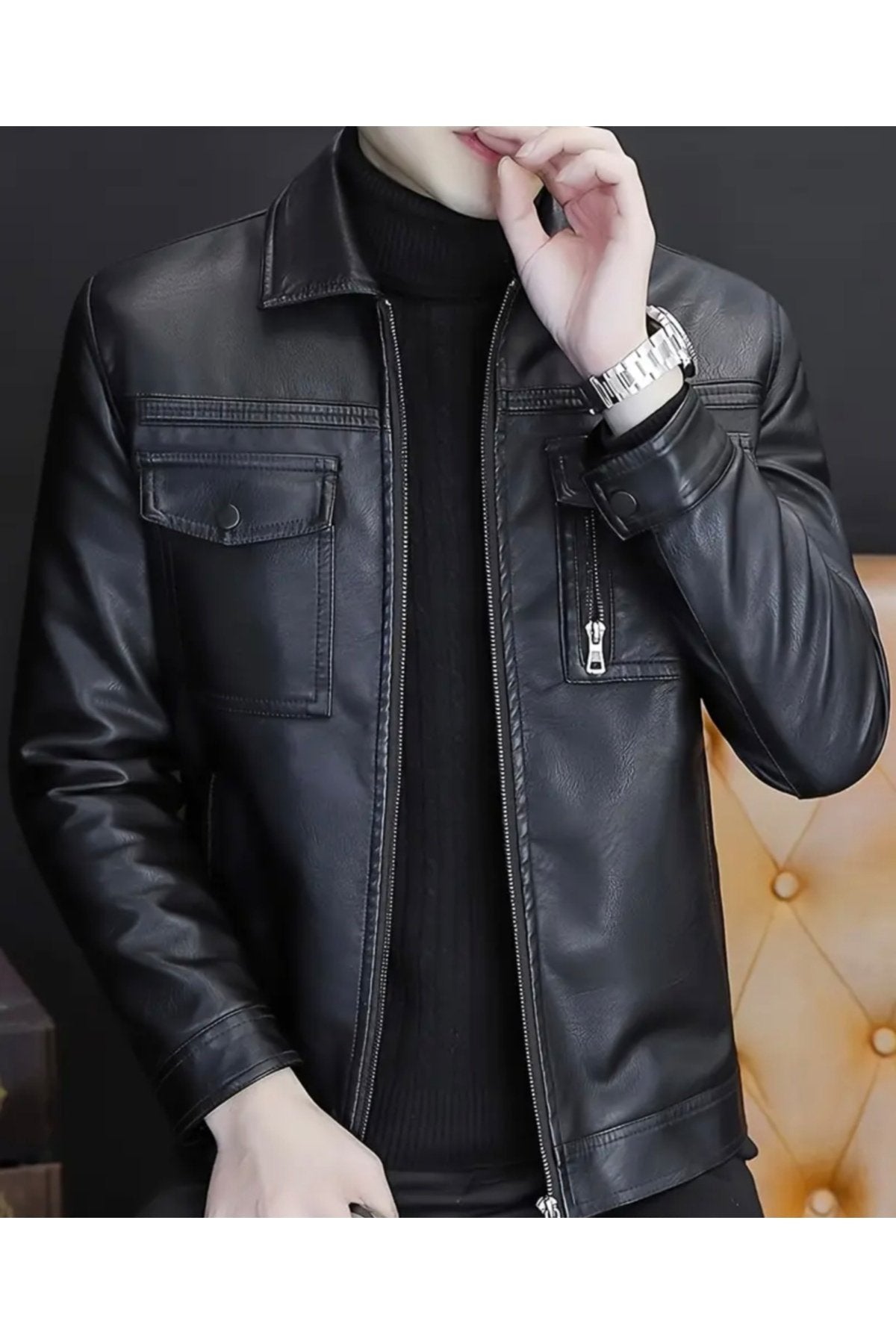 Gömlek Yaka ,Tam Fermuar Kapamalı, Cep Detaylı, Hakiki Kuzu Derisi Spor Ceket
