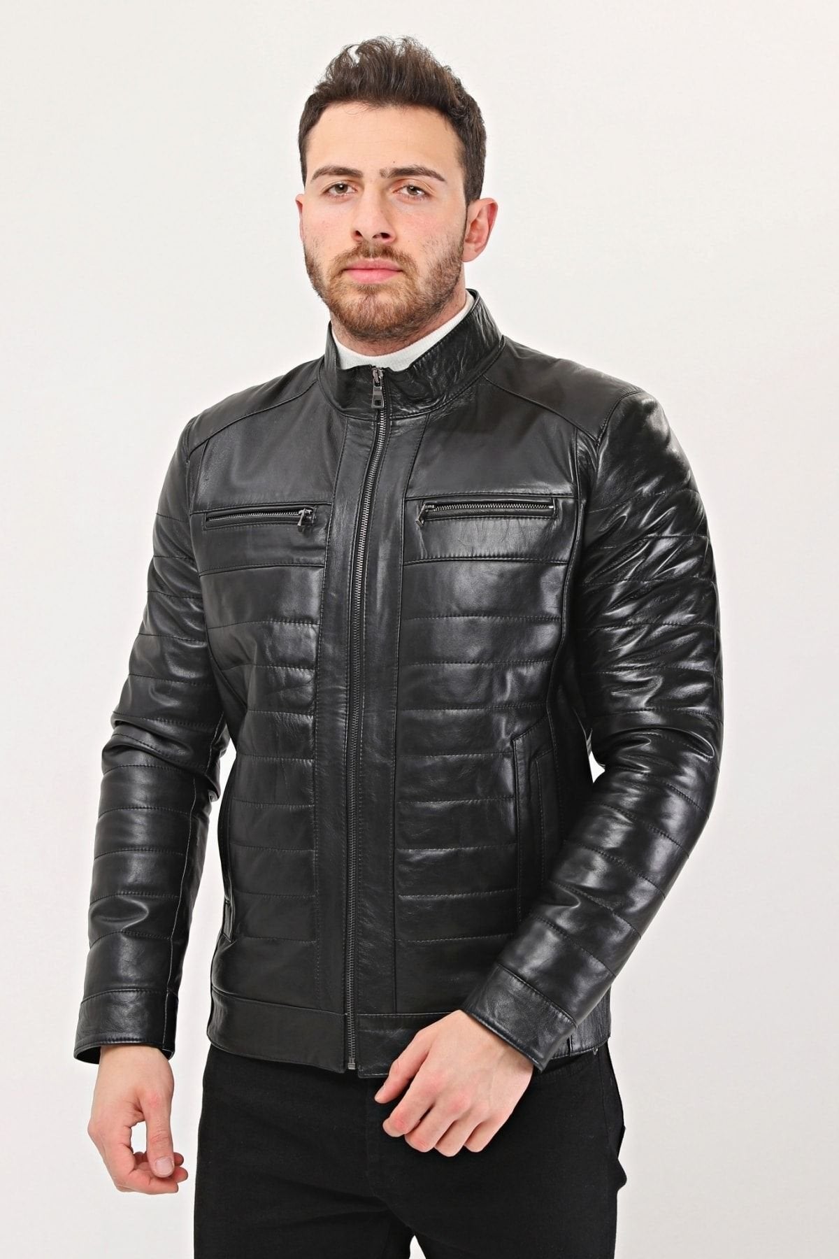 Hakiki Deri Şişme Tarzı Mont Siyah Renk