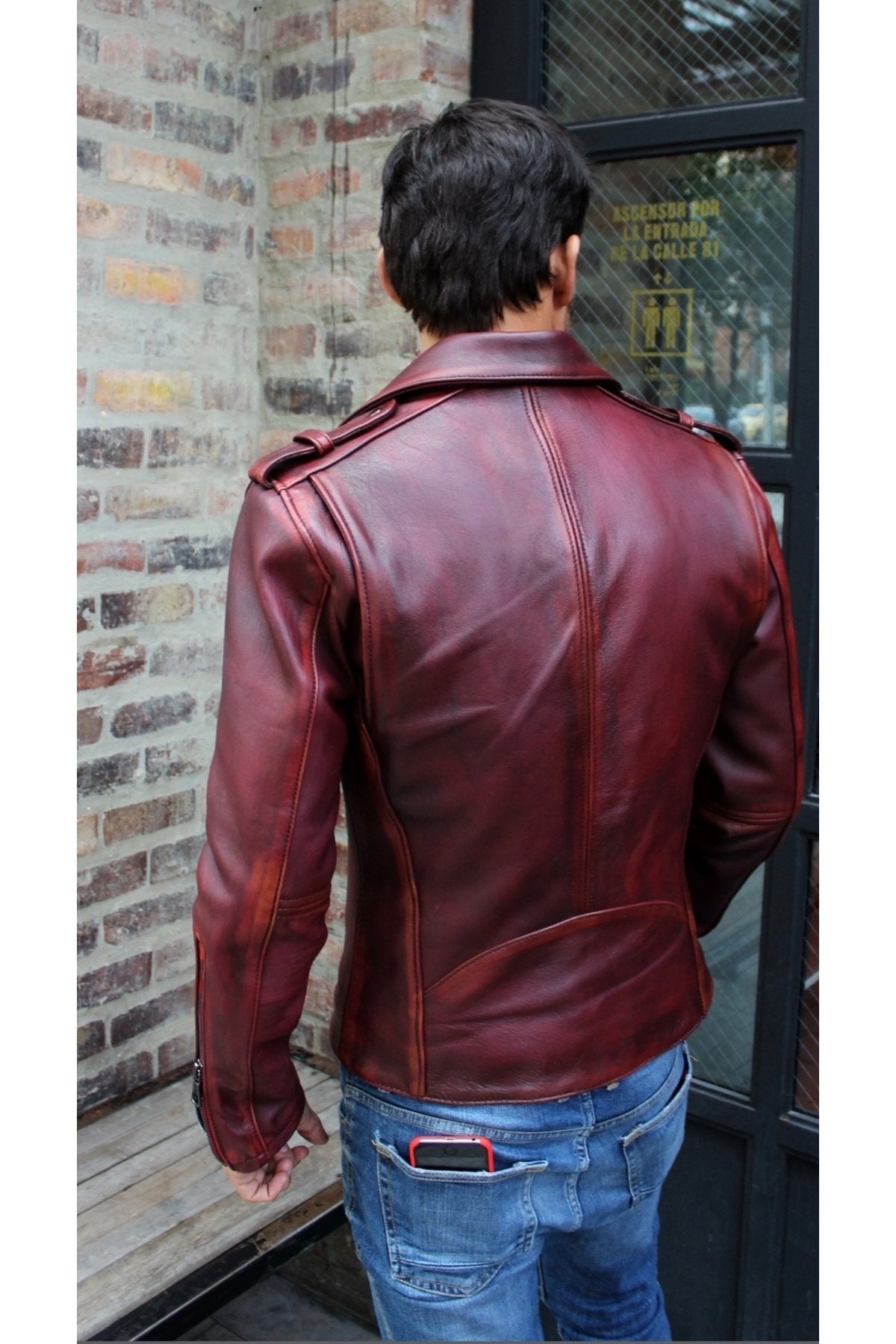 Prof Model Silme Hakiki Koyun Derisi Bordo Renk Biker Mont